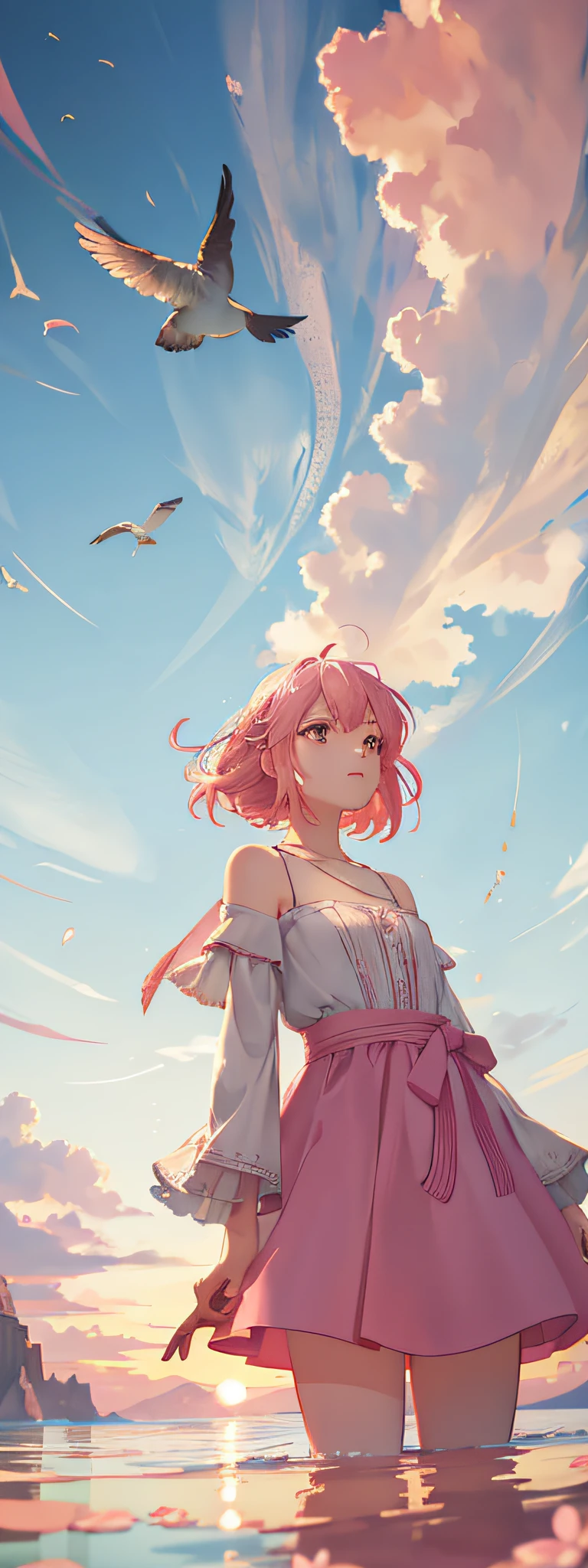 Vast landscape photos, (from below, the sky above, open pink sand below), a girl standing in the sea looking up, (sun: 1.2), (cute white clouds: 0.9), (birds: 1.3), mountains, cherry blossoms break making art, (warm light source: 1.2), (fireflies: 1.2), fish, lots of blue and pink, intricate details, volumetric lighting BREAK (Masterpiece: 1.2), (Best Quality), 4K, Ultra Detailed, (Dynamic Composition: 1.4), Detailed, Colorful, (Iridescent: 1.2), (Glow, Atmospheric Lighting), Dreamy, Magical, (Solo: 1.2), Girl at the bottom of the picture