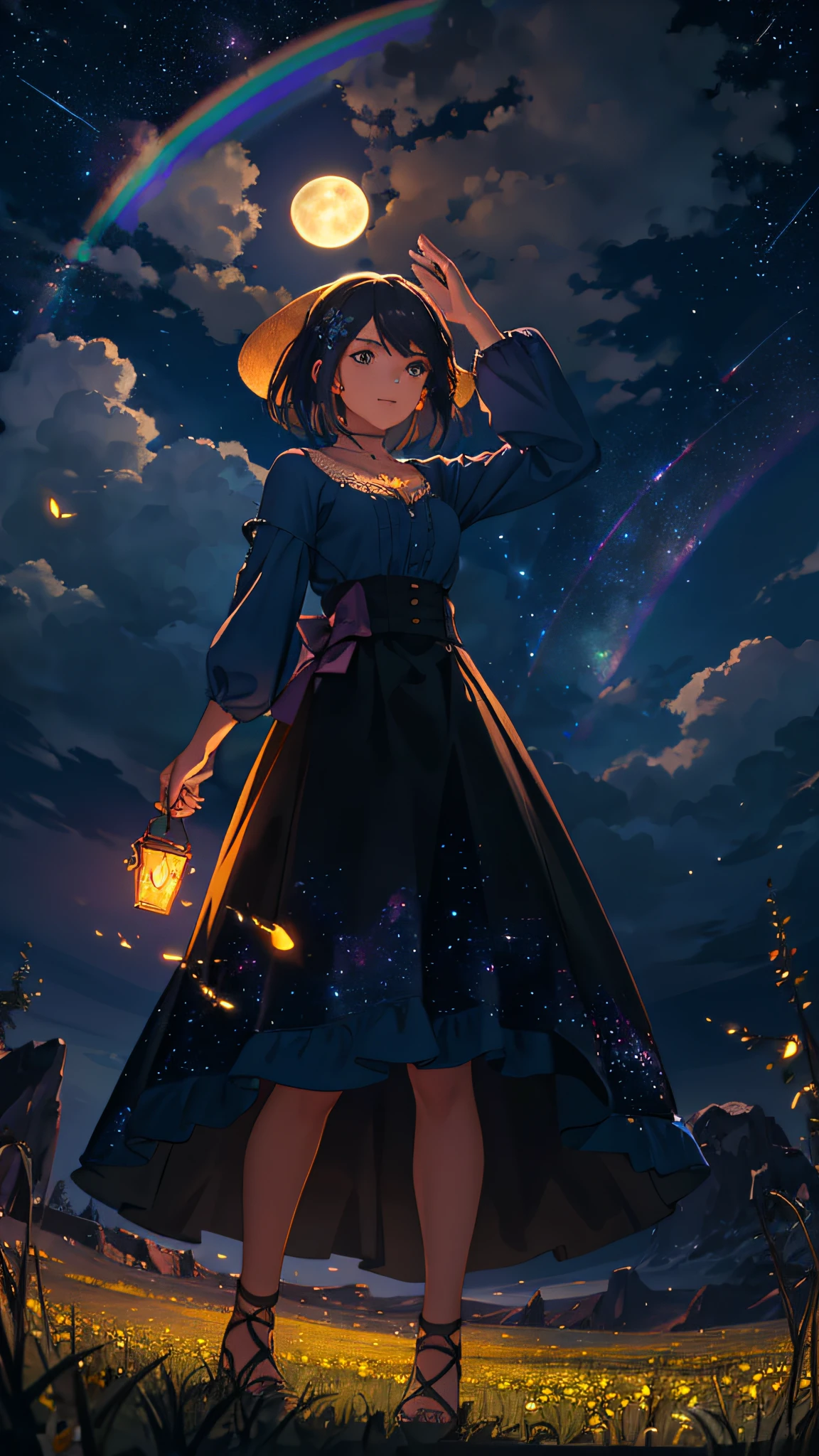 Vast landscape photo, (viewed from below, the sky is above and the open field is below), a girl standing on a flower field looking up, (full moon: 1.2), (meteor: 0.9), (nebula: 1.3), distant mountains , Trees BREAK Crafting Art, (Warm Light: 1.2), (Fireflies: 1.2), Lights, Lots of Purple and Orange, Intricate Details, Volumetric Lighting, Realism BREAK (Masterpiece: 1.2), (Best Quality), 4k, Ultra-Detailed, (Dynamic Composition: 1.4), Very Detailed, Colorful Details, (Rainbow Colors: 1.2), (Glow Lighting, Atmospheric Lighting), Dreamy, Magical, (Solo: 1.2)
