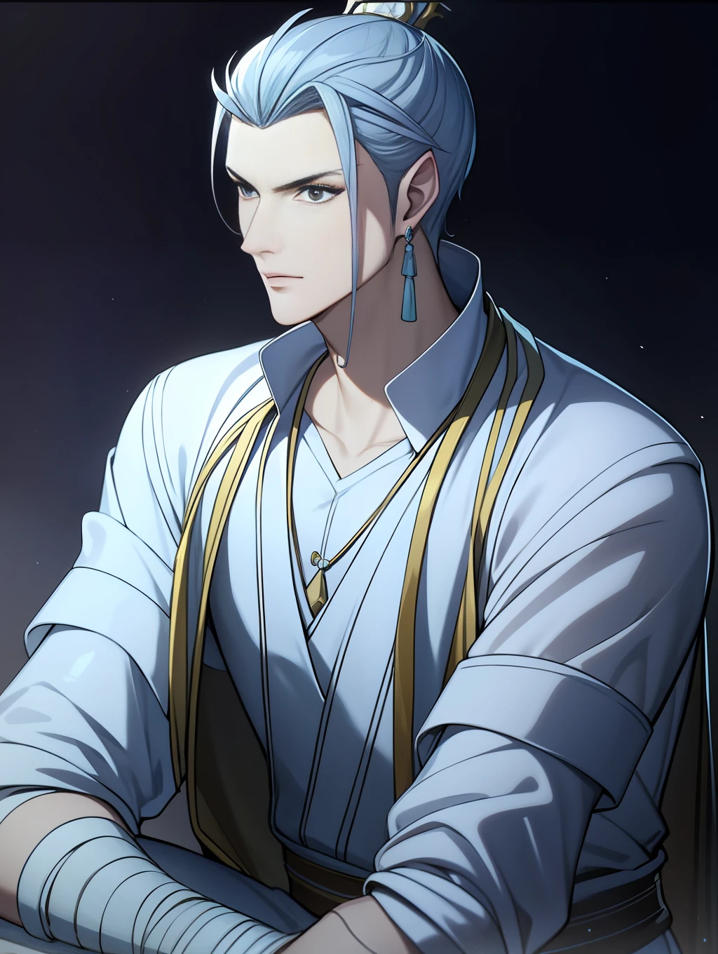 Handsome antique boy head, dashing, transparent cloth covering eyes, white bandage on hands, wearing earring necklace, blue tone, cold, silver hair, dark background