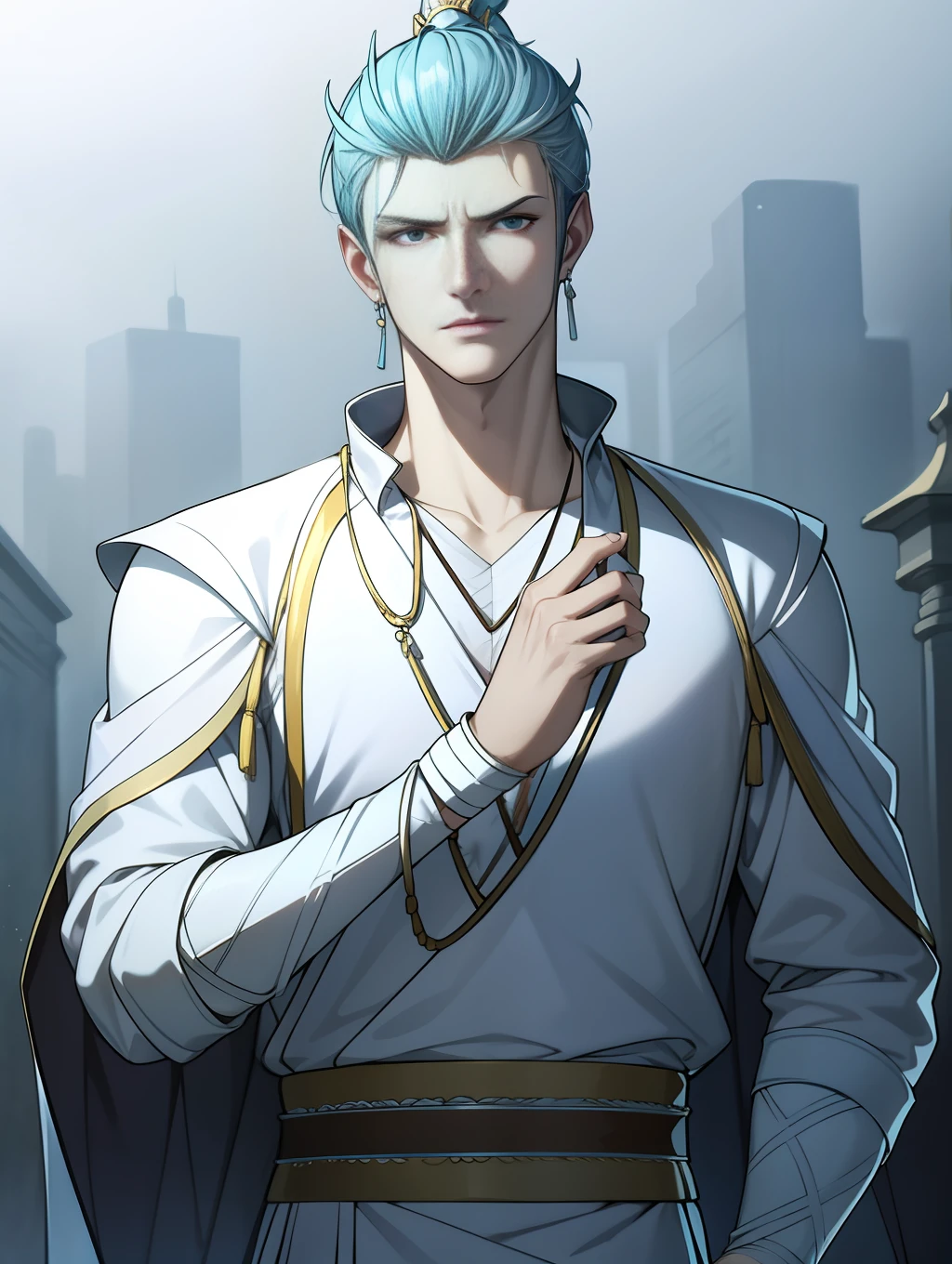 Handsome antique boy head, dashing, transparent cloth covering eyes, white bandage on hands, wearing earring necklace, blue tone, cold, silver hair, dark background