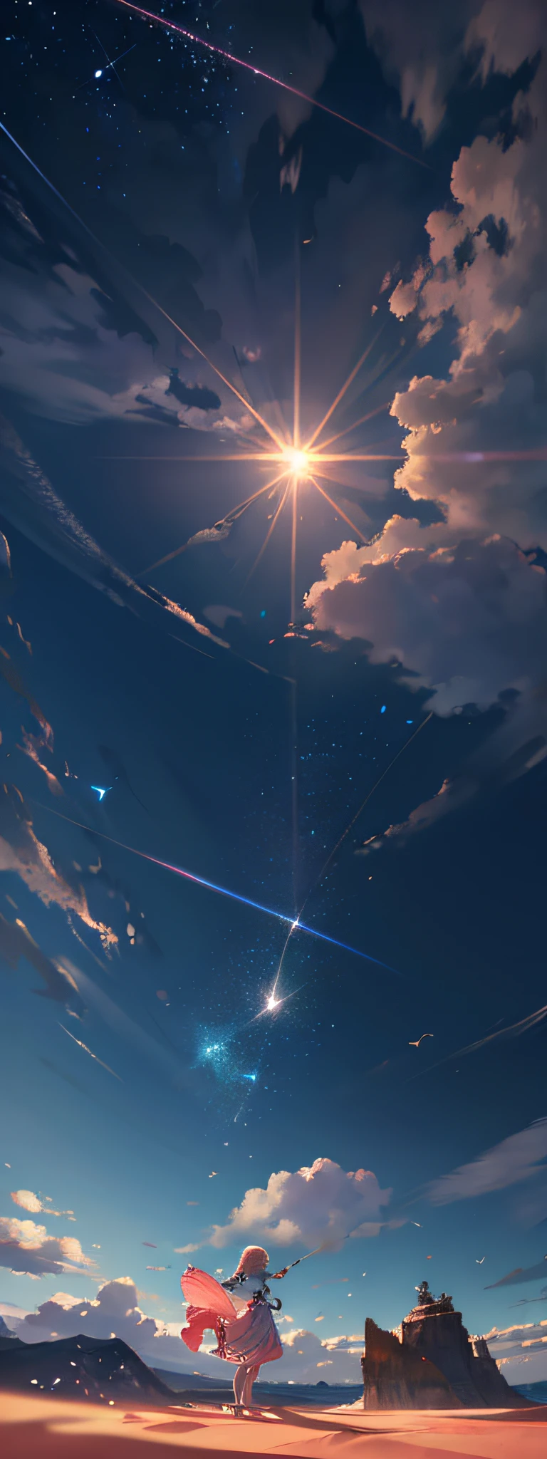 Vast landscape photos, (from below, the sky above, open pink sand below), a girl standing in the sea looking up, (sun: 1.2), (cute white clouds: 0.9), (birds: 1.3), mountains, cherry blossoms break making art, (warm light source: 1.2), (fireflies: 1.2), fish, lots of blue and pink, intricate details, volumetric lighting BREAK (Masterpiece: 1.2), (Best Quality), 4K, Ultra Detailed, (Dynamic Composition: 1.4), Detailed, Colorful, (Iridescent: 1.2), (Glow, Atmospheric Lighting), Dreamy, Magical, (Solo: 1.2), Girl at the bottom of the picture