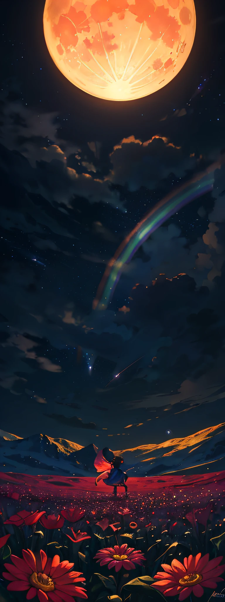 A wide landscape photo, (viewed from below, the sky is above, and the open field is below), a girl standing on a flower field looking up, (full moon: 1.2), (meteor: 0.9), (nebula: 1.3), distant mountains , Trees BREAK Crafting Art, (Warm Light: 1.2), (Firefly: 1.2), Lights, Lots of Purple and Orange, Intricate Details, Volumetric Lighting BREAK (Masterpiece: 1.2), (Best Quality), 4k, Ultra Detailed, (Dynamic Composition: 1.4), Rich in Detail and Color, (Rainbow Color: 1.2), (Glow, Atmospheric Lighting), Dreamy, Magical, (Solo: 1.2)