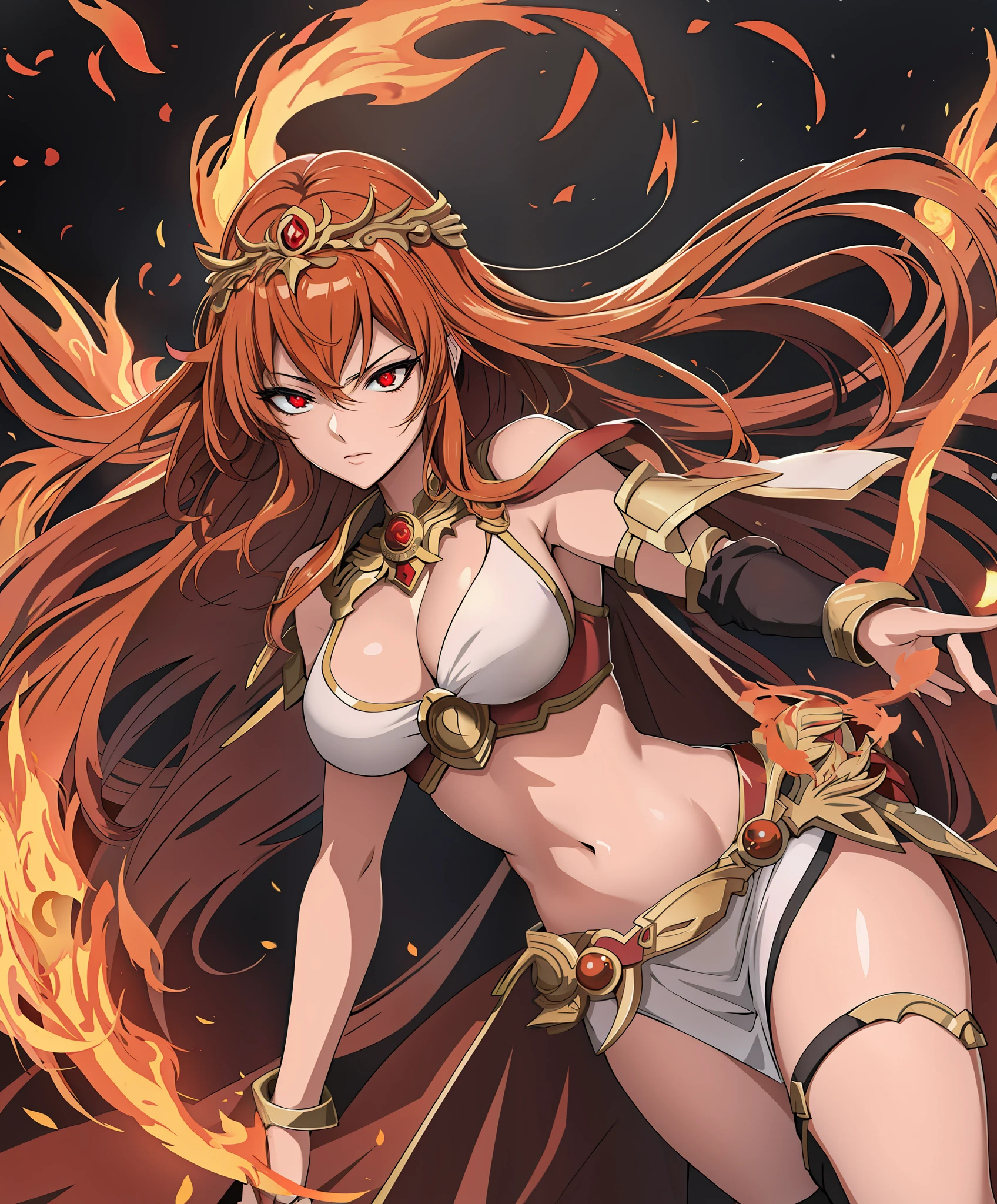 Anime - Style illustration of a woman with a ring of fire around her neck, fire mage, goddess of fire, she has the power of fire, goddess of fire, goddess of fire, appears as goddess of fire, queen of fire, epic mage girl character, fire!! Full body, portrait knight of zodiac girl, extremely detailed Artgerm, knight of zodiac girl, anime goddess, a little more exposed