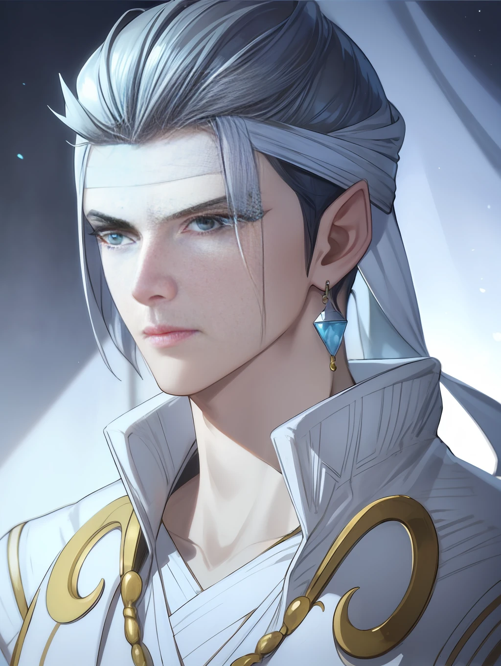 Handsome antique boy head, dashing, transparent cloth covering eyes, white bandage on hands, wearing earring necklace, blue tone, cold, silver hair, dark background