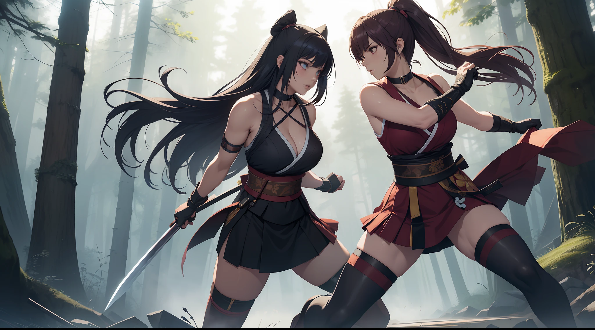 Full body shot of two female character from Dead or Alive game. Kasumi versus Ayame, fighting in a fierce duel death match with weapon short swords, with serious expression. Kasumi looking to Ayane, and Ayane looking to Kasumi. They have long loose hairstyle. They are wearing different color of traditional sleeveless kimono, with a floral print skirt, an obi tied on back hip, a pair of 100% black thigh highs, black shoes, a pair of thin long black elbow gloves, hand guards, and a choker. Background set in a dark forest.
