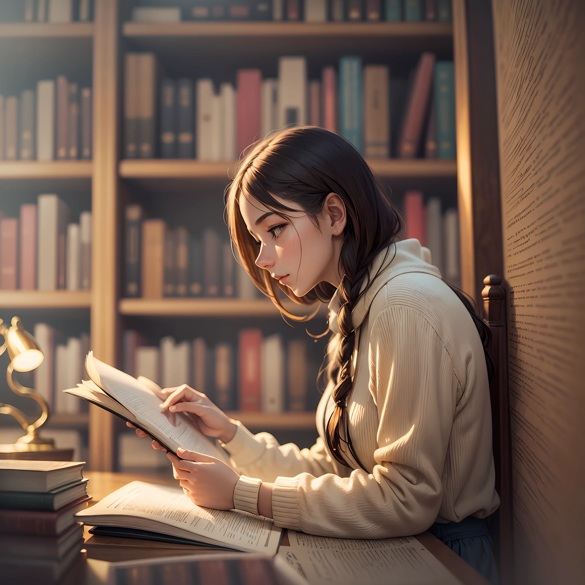 A fascinated person, reading a book in the library, illuminated by a golden light.