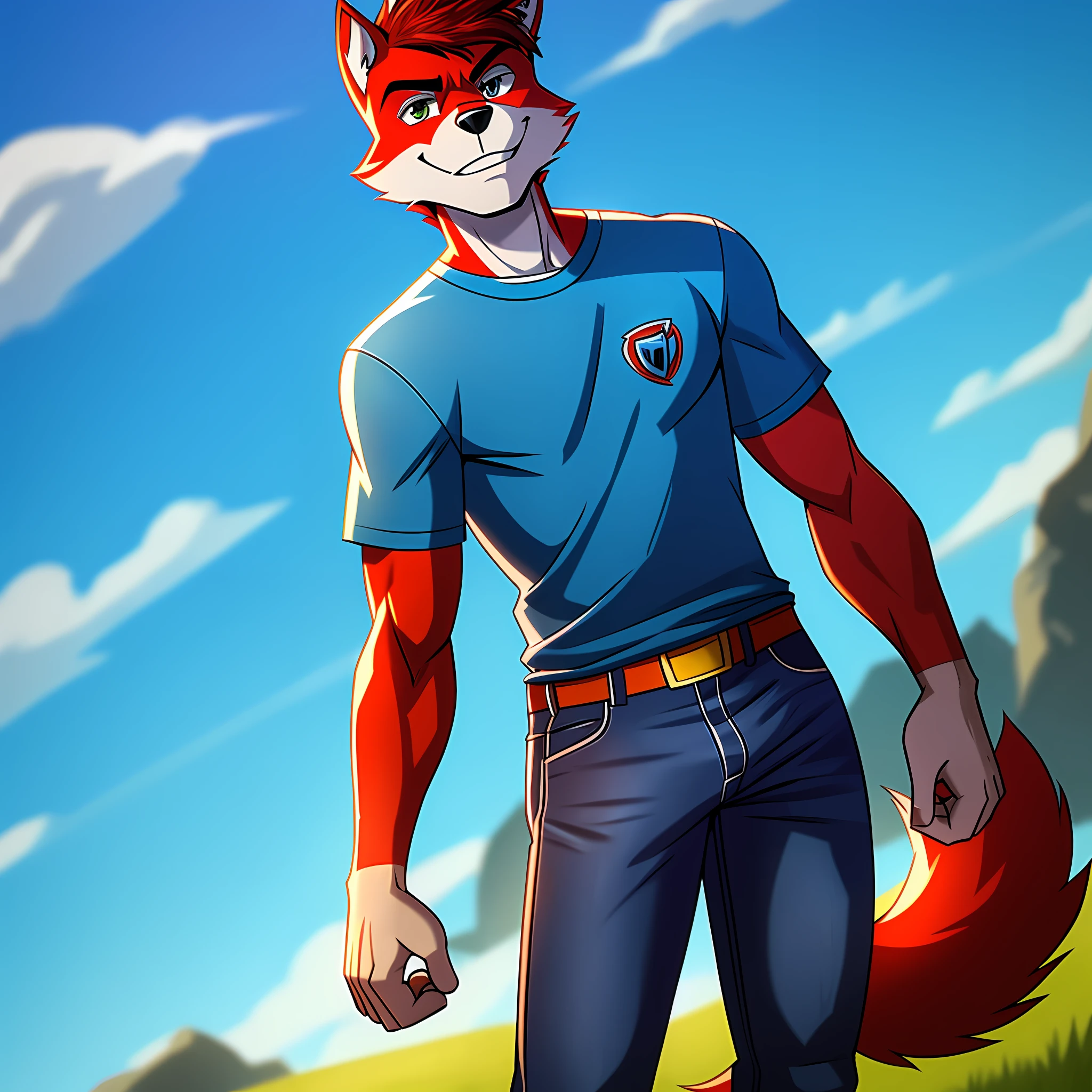 wolf with red fur, male, wearing a blue T-shirt and tight jeans, in the style of Teen Titans, soft lighting, great lighting, solo, no group, not double, small bulge, full body, smiling, in the field