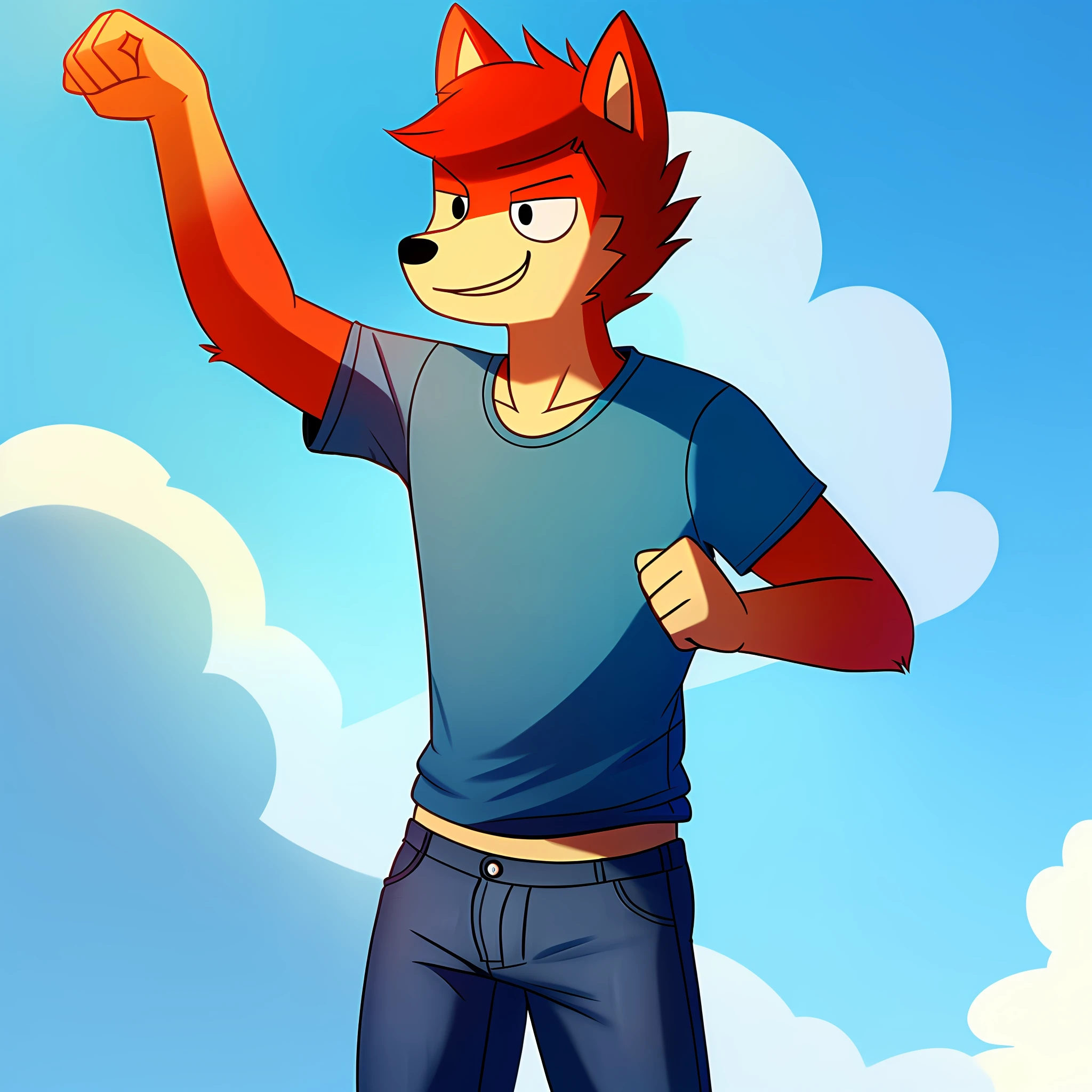 wolf with red fur, male, wearing a blue T-shirt and tight jeans, in the style of Adventure Time, soft lighting, great lighting, solo, no group, not double, small bulge, full body, smiling, in the field