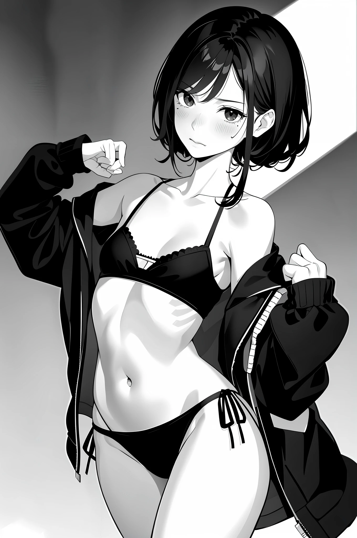monochrome, girl, underwear, navel, thighs, disheveled clothing, embarrassed, medium, black underwear, side tie panties