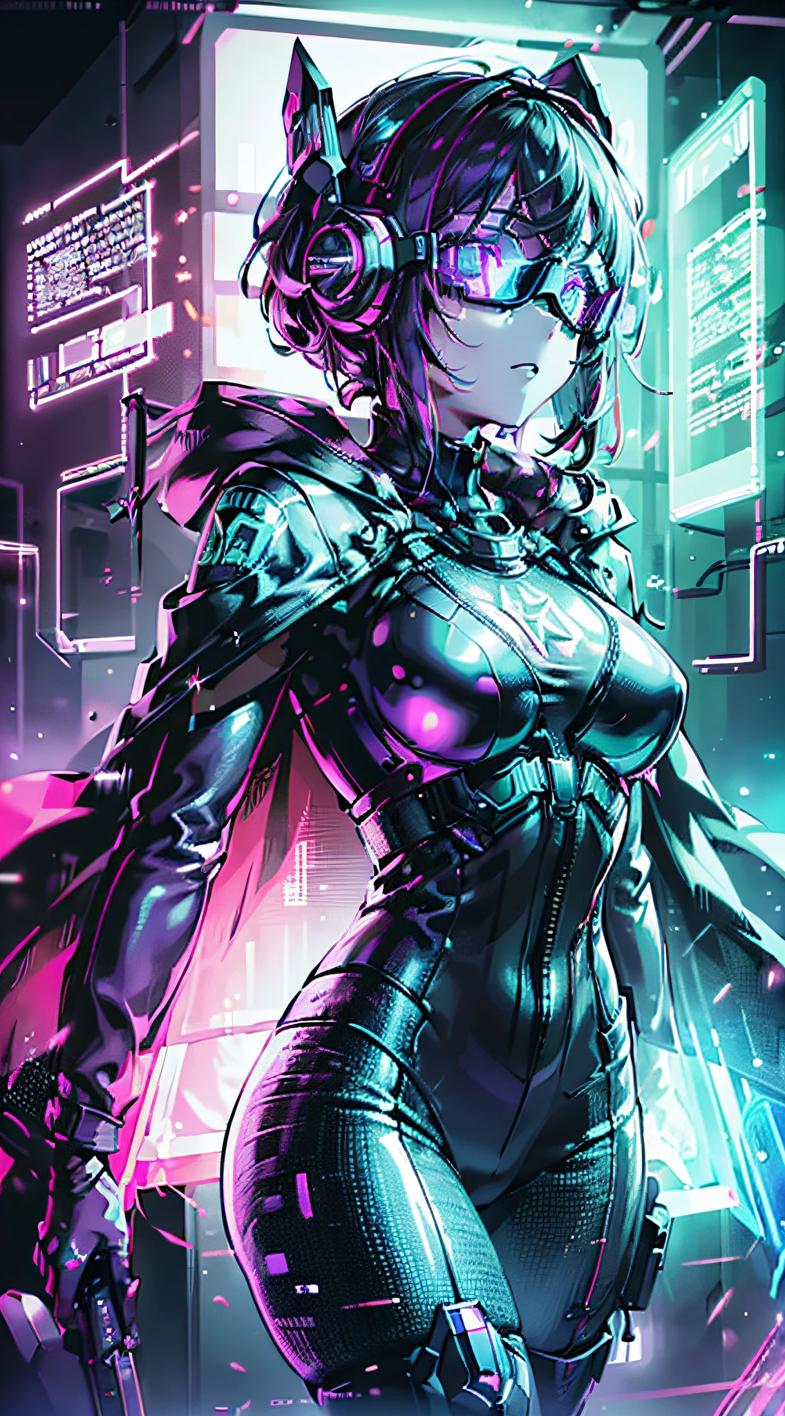 ((Best quality)), ((masterpiece)), (highly detailed:1.3), 3D,NeonNoir, beautiful cyberpunk woman,(wearing head-mounted display that is chunky and hi-tech:1.2),wearing a cape,hacking a computer terminal,PURPLE NEON LIGHT FROM MONITOR, GREEN NEON SIGNS ON THE WALL,