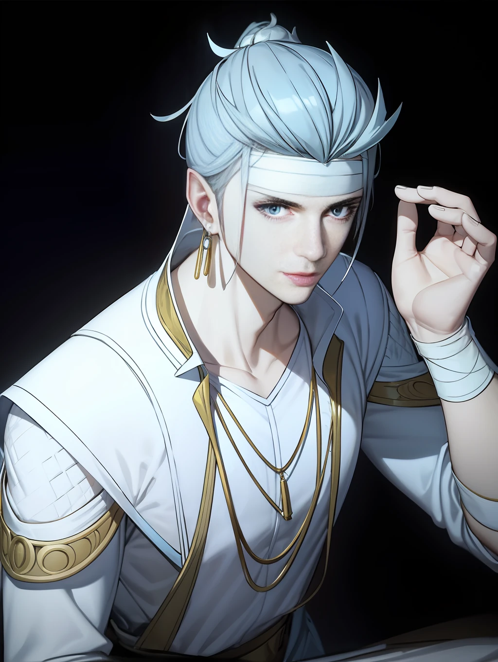 Handsome antique boy head, dashing, transparent cloth covering eyes, white bandage on hands, wearing earring necklace, blue tone, cold, silver hair, dark background