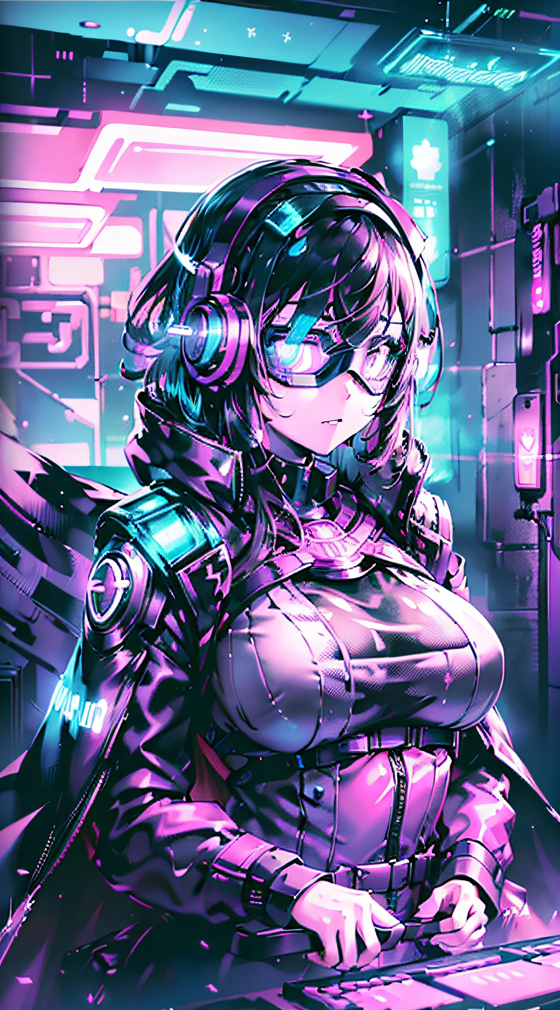 ((Best quality)), ((masterpiece)), (highly detailed:1.3), 3D,NeonNoir, beautiful cyberpunk woman,(wearing head-mounted display that is chunky and hi-tech:1.2),wearing a cape,hacking a computer terminal,PURPLE NEON LIGHT FROM MONITOR, GREEN NEON SIGNS ON THE WALL,