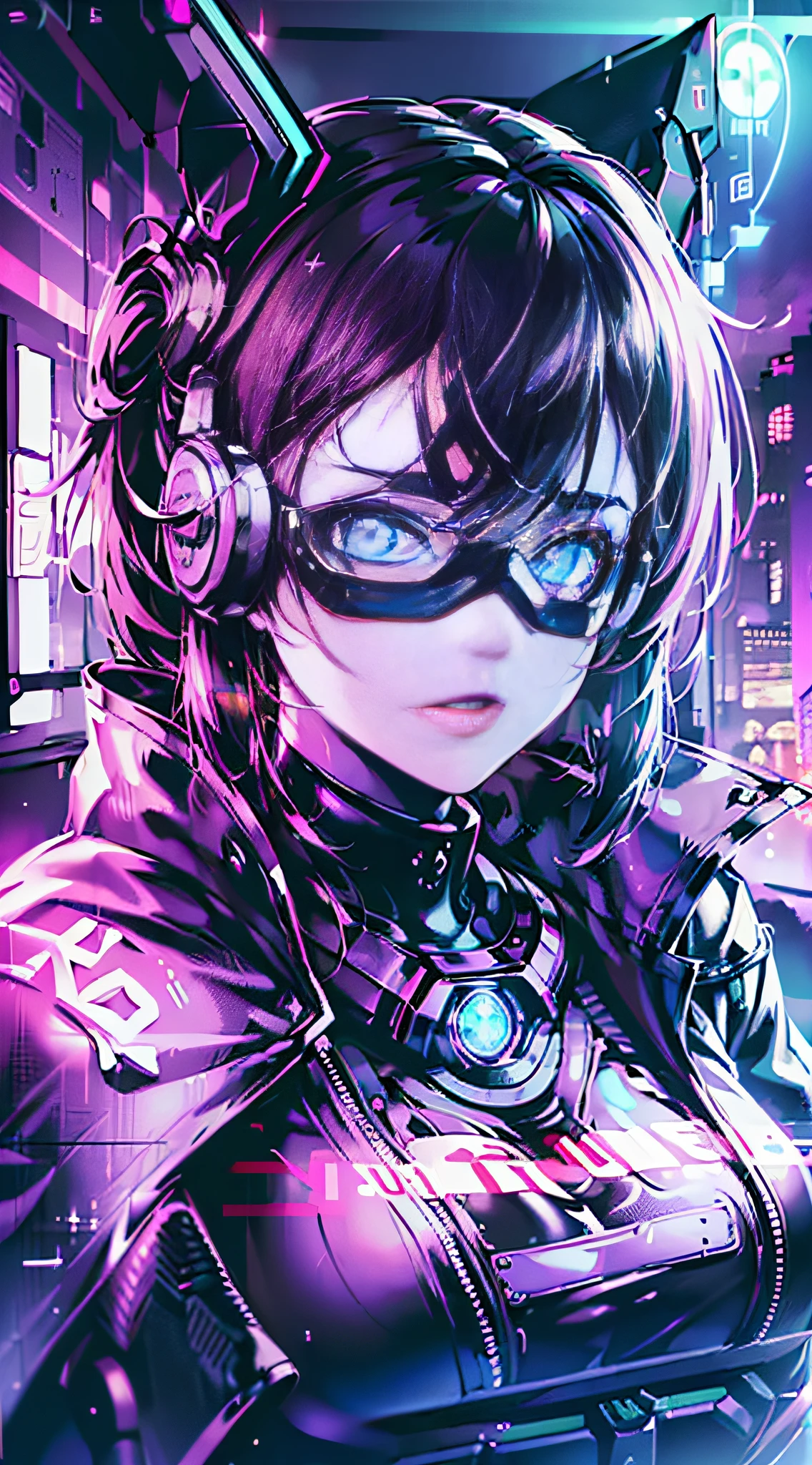 ((Best quality)), ((masterpiece)), (highly detailed:1.3), 3D,NeonNoir, beautiful cyberpunk woman,(wearing head-mounted display that is chunky and hi-tech:1.2),wearing a cape,hacking a computer terminal,PURPLE NEON LIGHT FROM MONITOR, GREEN NEON SIGNS ON THE WALL,