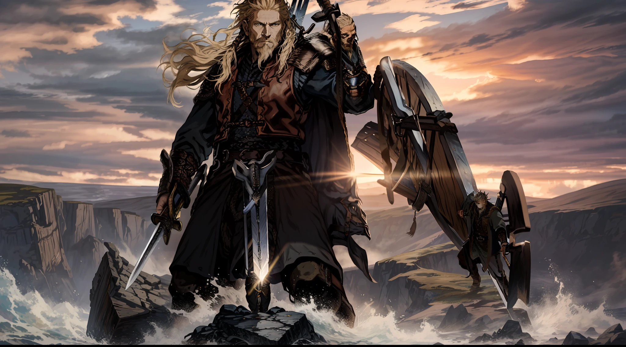 arafed man with a sword in his hand in a rocky area, vikings, viking king, holds a sword, viking berserker, with large sword, holding a colossal sword, viking beard, holding mjolnir, inspired by Ásgrímur Jónsson, viking warrior, epic viking king, while holding a sword, holding a giant sword