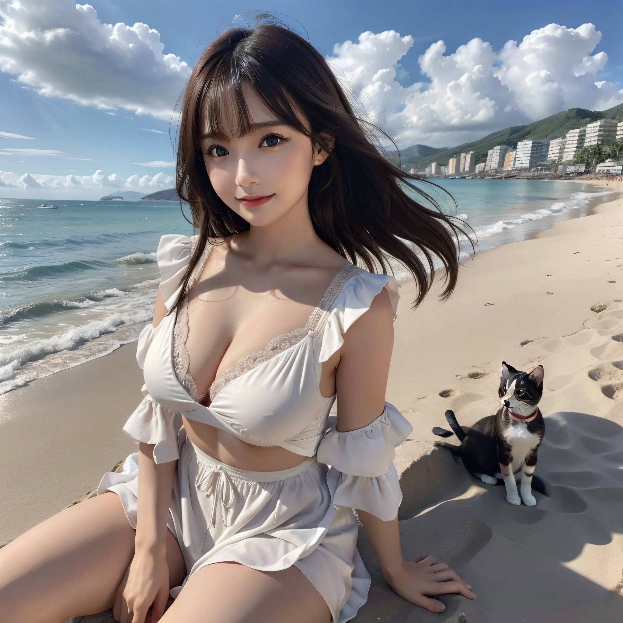 best quality, ultra high resolution, (photorealistic: 1.4), (detailed beautiful girl: 1.4), (medium breasts: 0.8), olhando_no_visualizador, detailed facial details, beautiful and detailed eyes, (brown hair), brown eyes, smile (makeup: 0.4), red lips, (full body, sitting, beach, high waves, ), very detailed clothes, (ulzzang-6500-v1. 1:0.3) \, cats, strong wind,