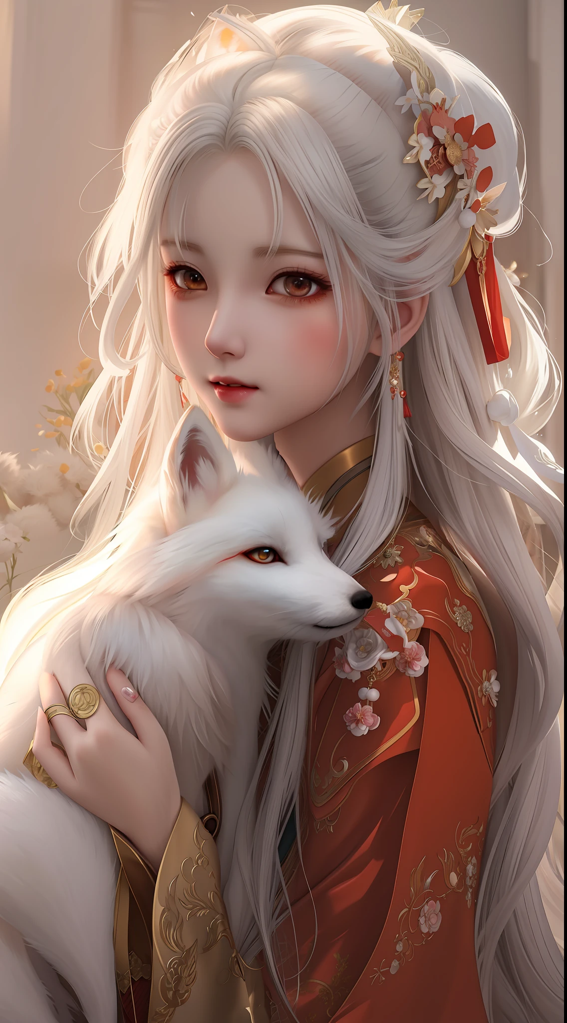 anime girl with white hair and red dress holding a white fox, a beautiful fox lady, white - haired fox, a beautiful kitsune woman, by Yang J, beautiful digital artwork, beautiful character painting, artwork in the style of guweiz, kitsune, cute detailed digital art, beautiful digital illustration, by Ni Tian, a beautiful artwork illustration