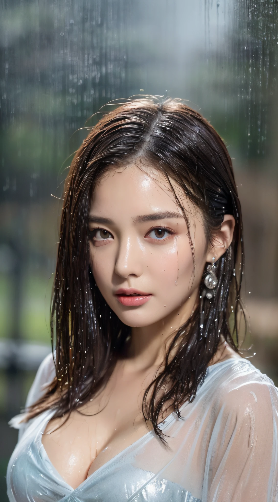 (Best quality, 4k, Masterpiece :1.3), pretty woman, 1girl, (breasts, attractive body :1.2), abs :1.1, dark brown hair: 1.1, (rainy wet, wet from rain, wet body :1.2), ultra-detailed face, detailed lips, detailed eyes, double eyelid