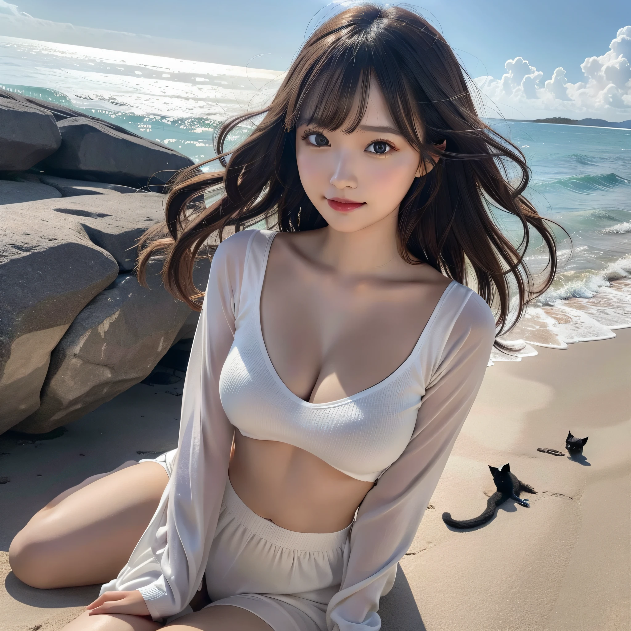 best quality, ultra high resolution, (photorealistic: 1.4), (detailed beautiful girl: 1.4), (medium breasts: 0.8), olhando_no_visualizador, detailed facial details, beautiful and detailed eyes, (brown hair), brown eyes, smile (makeup: 0.4), red lips, (full body, sitting, beach, high waves, ), very detailed clothes, (ulzzang-6500-v1. 1:0.3) \, cats, strong wind,