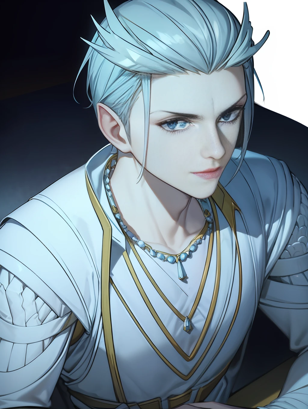 Handsome antique boy head, dashing, transparent cloth covering eyes, white bandage on hands, wearing earring necklace, blue tone, cold, silver hair, dark background