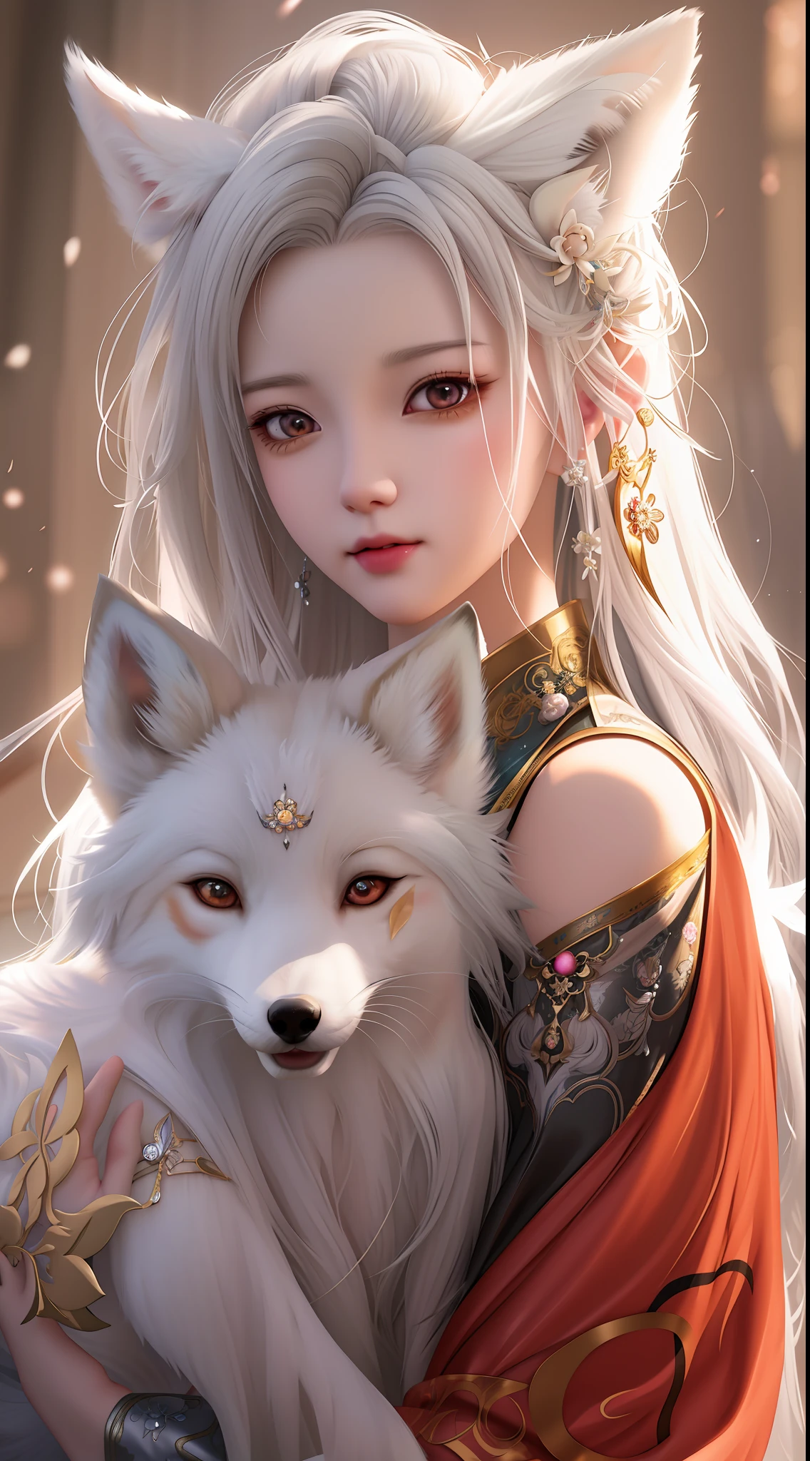 anime girl with white hair and fox ears holding a white dog, a beautiful fox lady, white - haired fox, by Yang J, fantasy art style, digital fantasy art ), a beautiful kitsune woman, beautiful fantasy art portrait, wlop and sakimichan, beautiful fantasy art, beautiful digital artwork, by Ni Tian, trending digital fantasy art, by Fan Qi