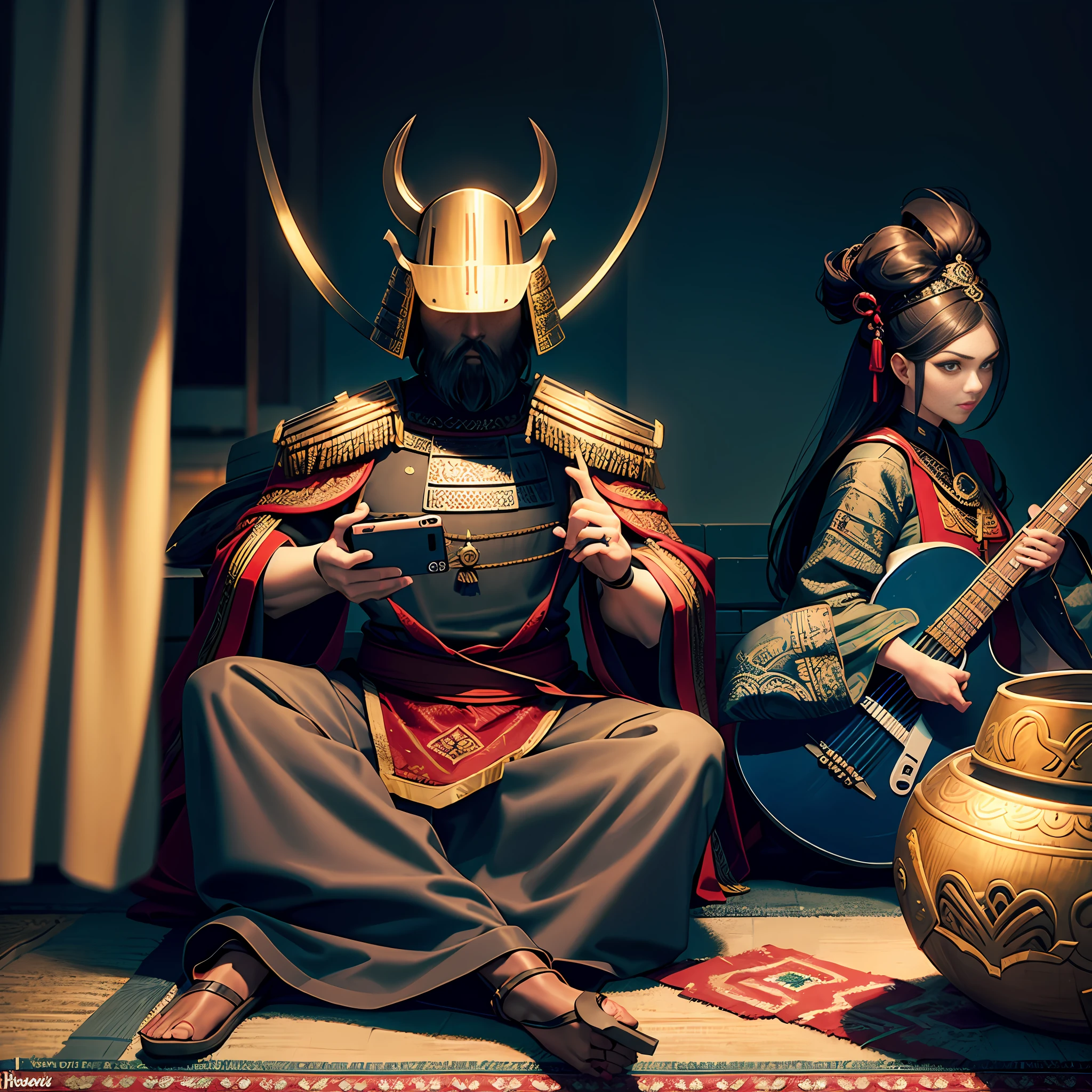 Setting Persian samurai warrior holding mobile phone wearing mempo samurai mask with ghajar clothes from ww1 Iranian culture and women playing electric guitar in the future, background Persian home design