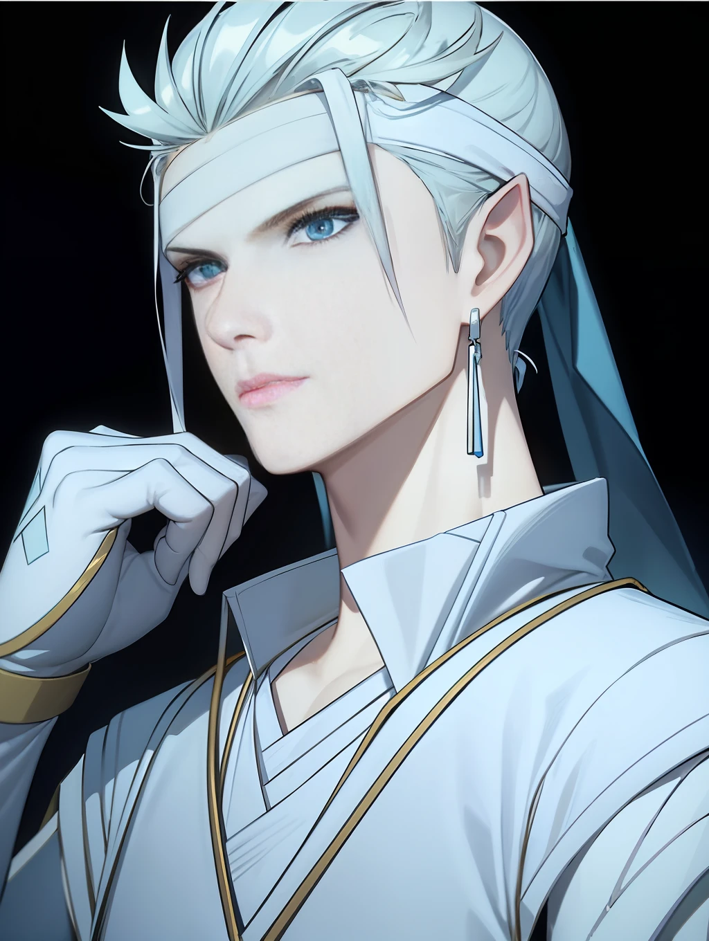 Handsome antique boy head, dashing, transparent cloth covering eyes, white bandage on hands, wearing earring necklace, blue tone, cold, silver hair, dark background