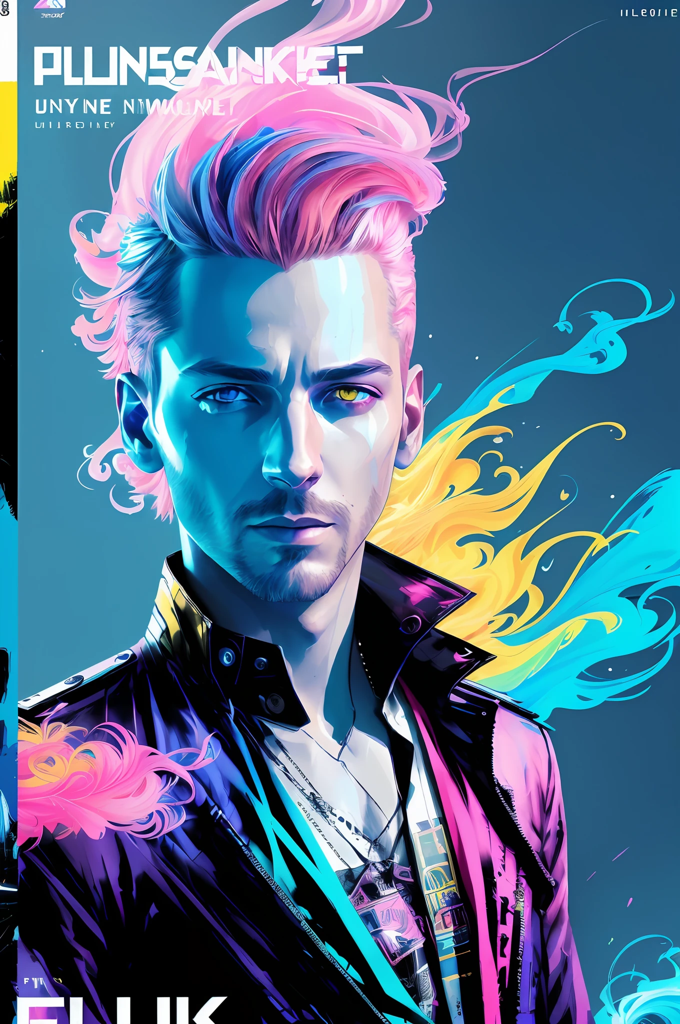 snthwve style nvinkpunk drunken beautiful man, (hallucinating swirling pink blue and yellow smoke:1.3), by jeremy mann, by sandra chevrier, by dave mckean and richard avedon and maciej kuciara, punk rock, high detailed, 4k, RTX, (((magazine cover:1.3))), ((cover style:1.3)), (News week magazine cover), ((text:1.3)), (Best quality, 8k, 32k, Masterpiece, UHD:1.2), (realistic:1.5), (masterpiece, Extremely detailed CG unity 8k wallpaper, best quality, highres:1.2), (ultra detailed, UHD:1.2),