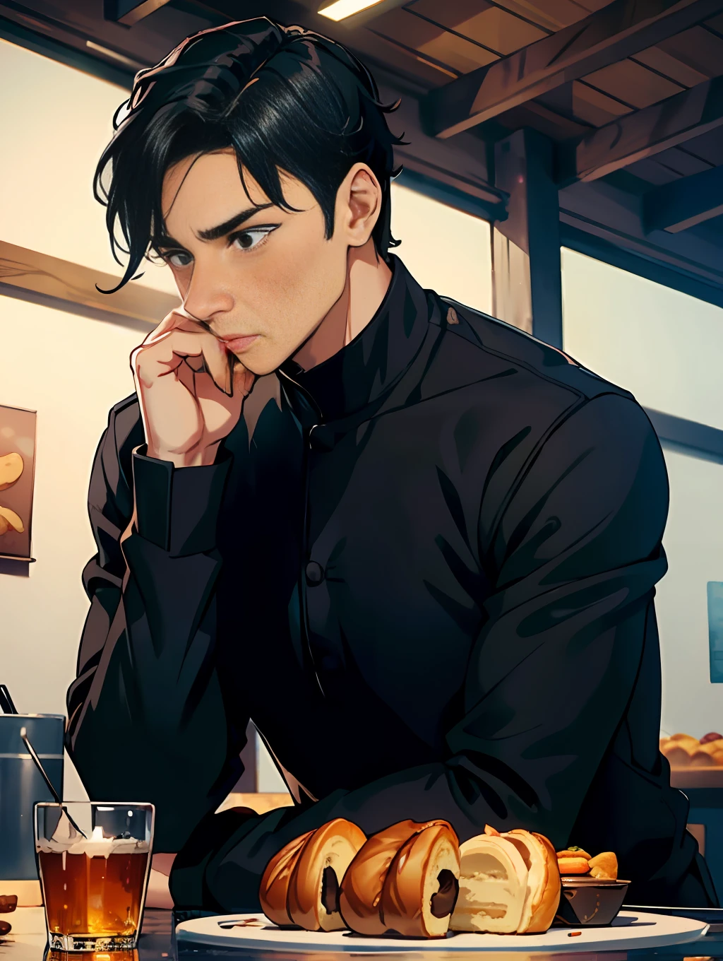 A robust man with short black hair, head bowed, ashamed, shy, blushing, background table with milk, buns, pastries