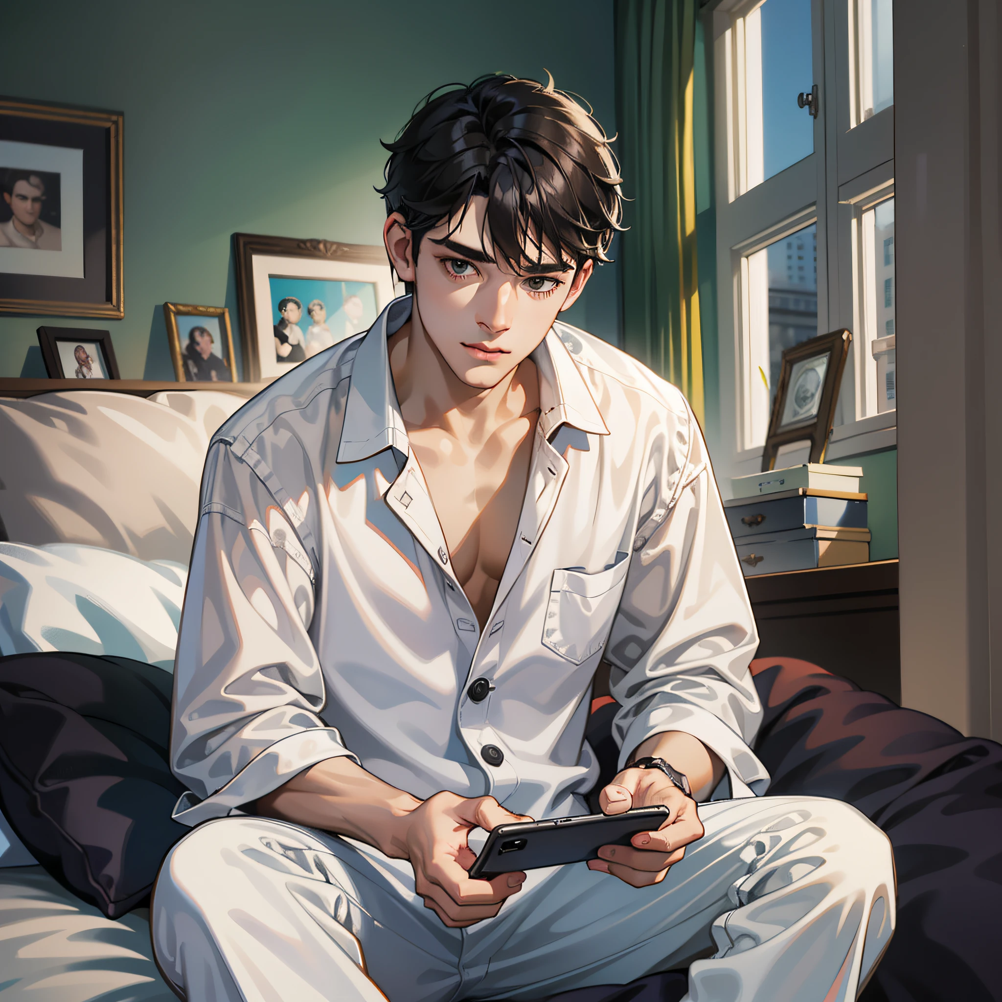 Male, short black hair, wearing white buttoned pajamas, sitting on bed, looking at his phone