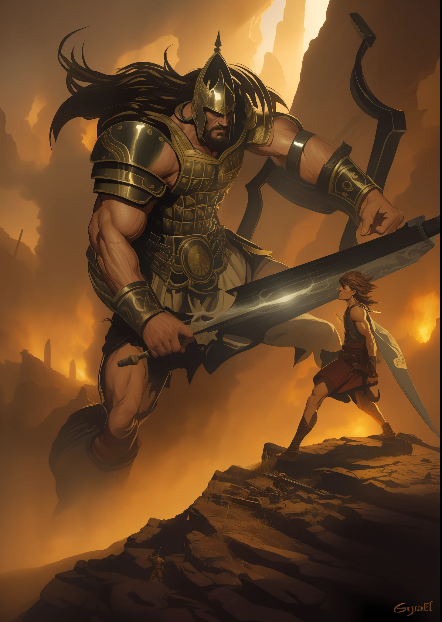 Masterpiece of one man and another man fighting in a desert, David and Goliath, epic biblical depiction, Goliath painting, Spartan warrior, epic art, epic graphic novel wallpaper, digital painting of Greek myth, epic illustration, ancient soldier, epic battle scene, firelit environment, dark shadows, realistic oil painting by Simon Bisley, Julie Bell, 16-bit pixel art, high saturation, HD, high contrast, dramatic lighting, intricate details, moody atmosphere, dynamic composition, medieval weaponry.