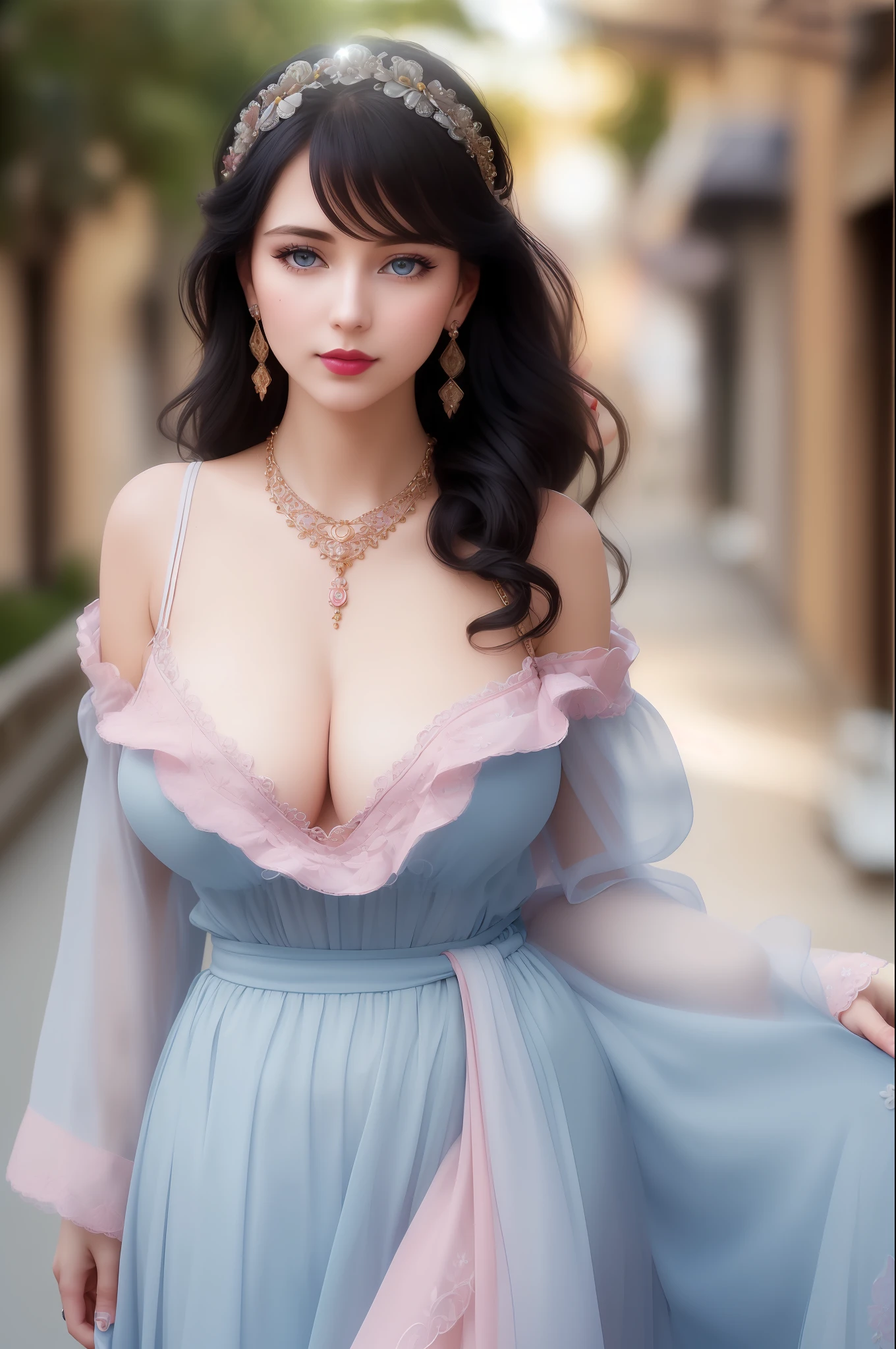 ((Best Quality)), ((Masterpiece)), ((Ultra High Resolution), (Intricate Detail), (Soft Lighting), Cinematic, Dramatic, Composition, Clear Sky, Fauvism, Surreal, Epic, Awe, Crazy Level of Detail, 1 Woman, (Beautiful Body), (Center Opening), (Short and Tight Waist Apron), (Layered Sleeves), (Full Body Shot) , (long black hair: 1.5), 35mm, sharp, surreal, necklace, (detailed ornaments), hair accessories, earrings, bracelets, rings, soft lips, pink lipstick, blue eyes, narrow waist, huge breasts, real human skin, lens flare, shadow, backlight, depth of field, natural lighting, street background, smile, blush, depth of field,