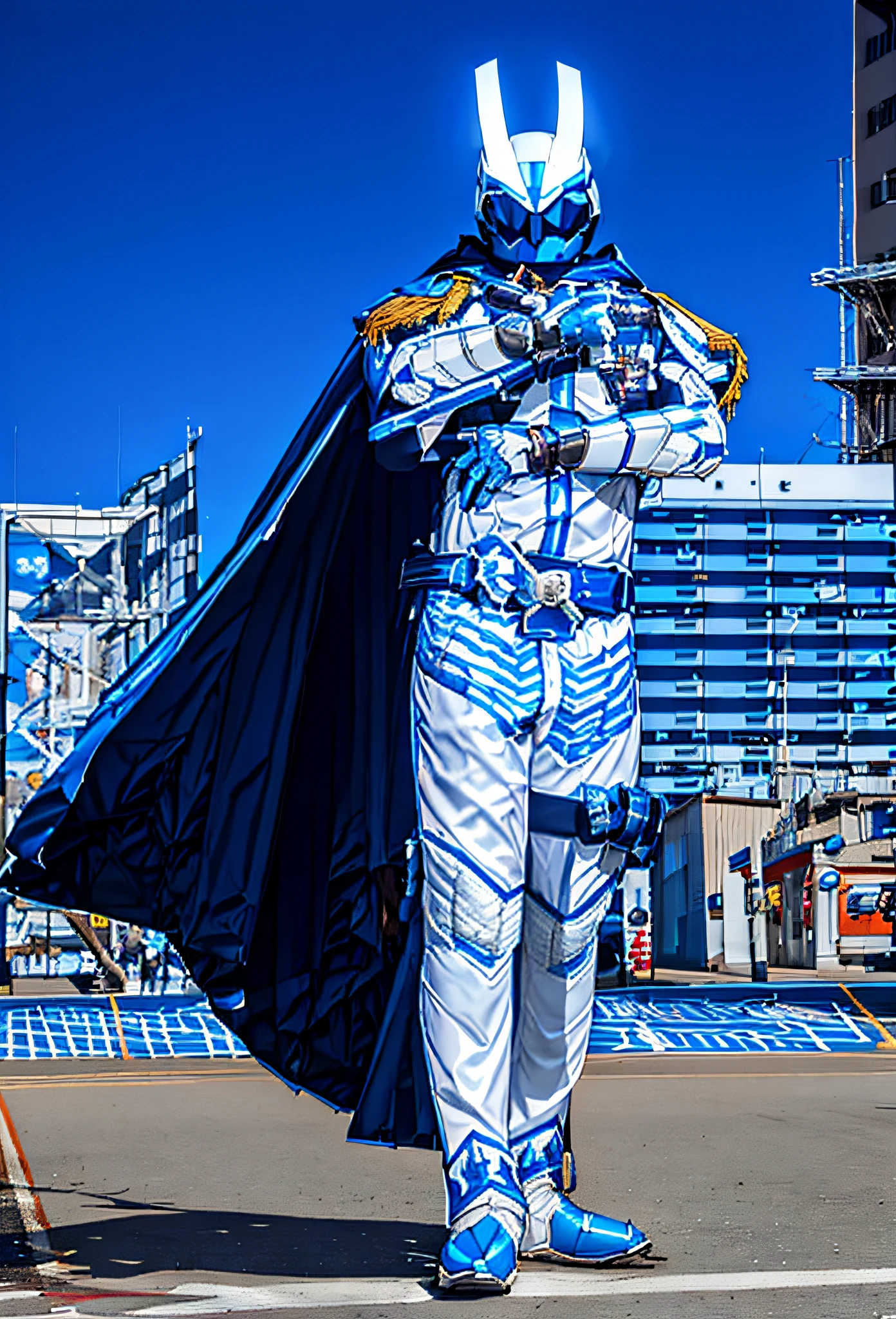 araffe dressed in a white and blue costume with a cape, fourze, kamen rider character, japanese dc live-action movie, drdisrespect as a gundam, kamen rider ghost, cyber japan style armor, full-cosplay, kamen rider, sci - fi suit, cyber japan armor, raiden from metal gear rising, varia suit, science fiction suit