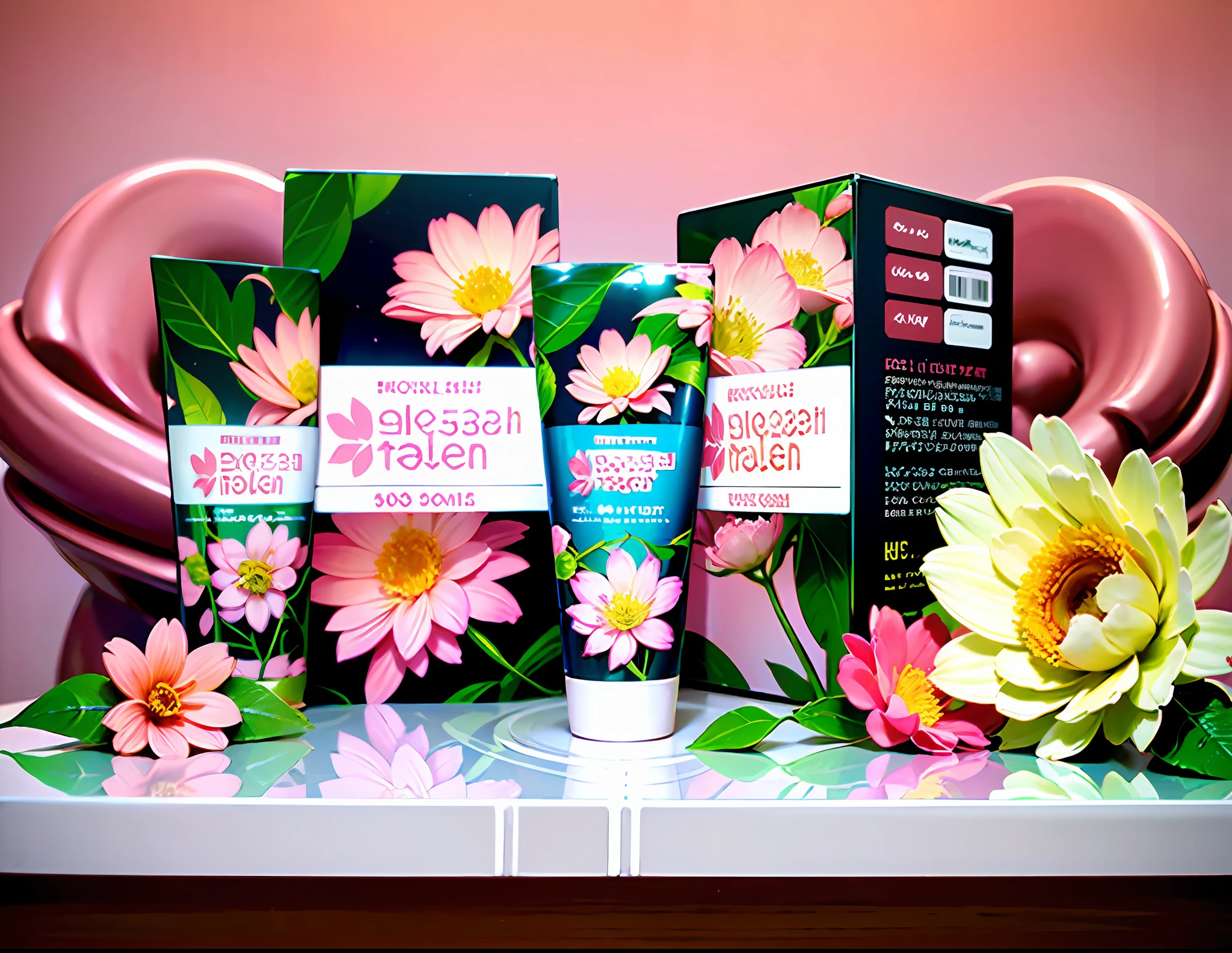 beautiful product presentation, pink flowers, glossy table