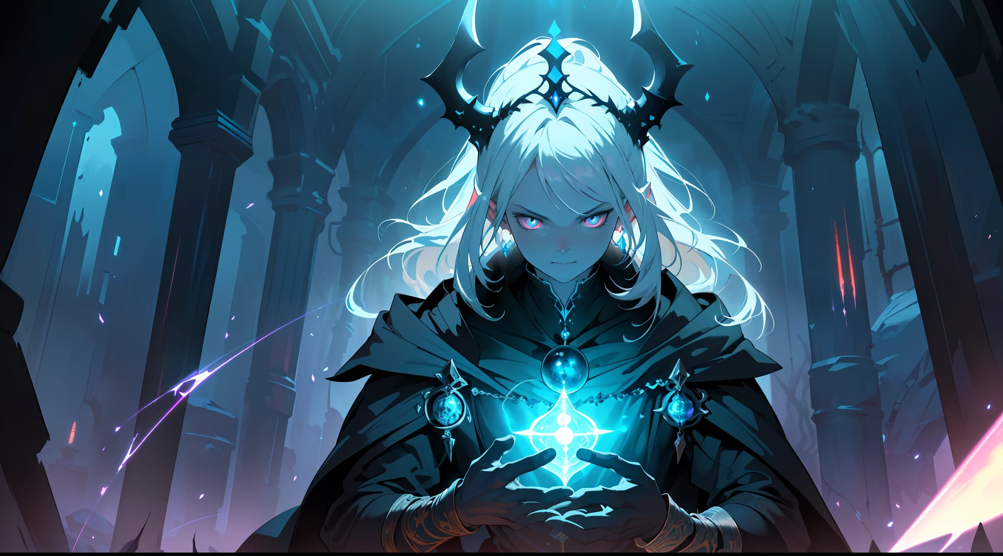 (Ultra detailed), (masterpiece), (best quality), (very detailed CG unit 8k wallpaper), ((a necromancer)) dark in its lair, (((visible magical aura)), (((upper body))), dim light, soft light, concept art, dimly lit, forbidden magic accessories, cinematic, highly detailed, stylized wallpaper