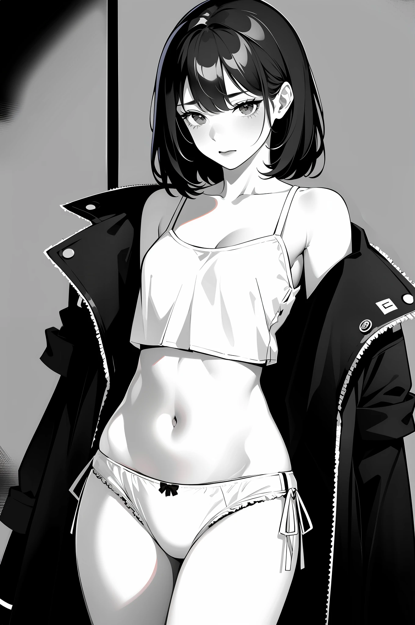 monochrome, girl, underwear, navel, thighs, disheveled clothing, embarrassed, medium, black underwear, side tie panties
