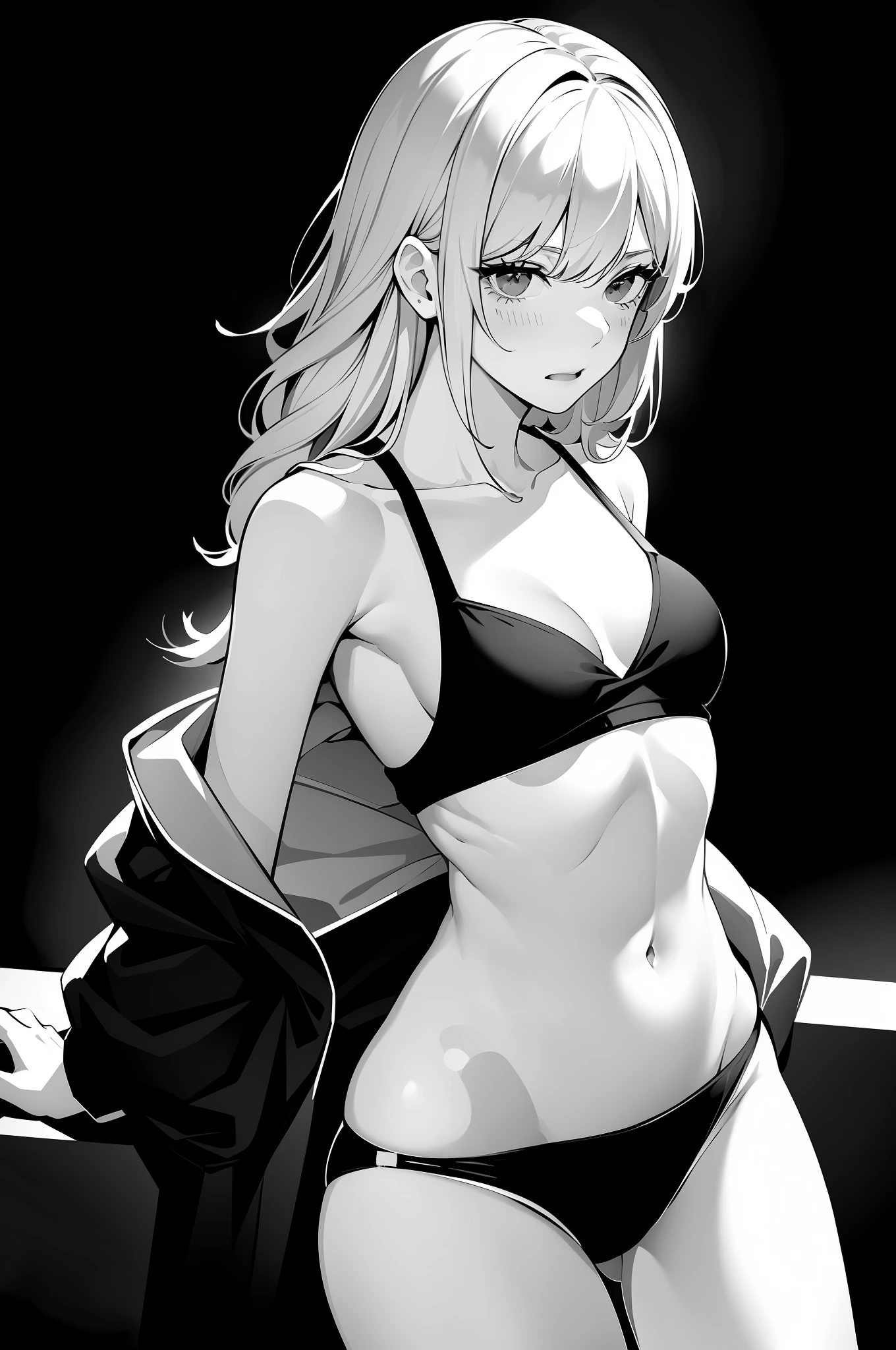 monochrome, girl, underwear, navel, thighs, disheveled clothing, embarrassed, medium, black underwear, side tie panties