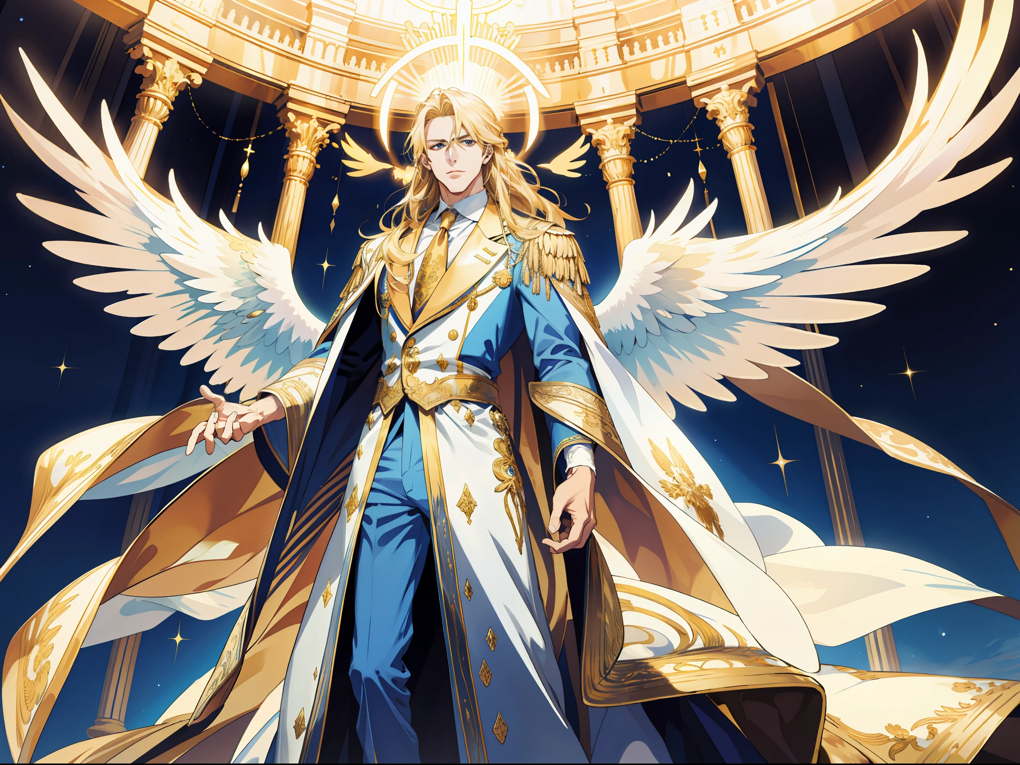 (absurd, high resolution), (panorama) (1 male), middle-aged, long blonde hair, blue and white dress, golden decoration, (tall), serious, irritated, open mouth, hands behind back, 3 pairs of huge wings, broad arms, angel descending, palace, powerful, majestic, intense luster, white-gold dress, exquisite clothes, streamers, golden magic around the whole body,