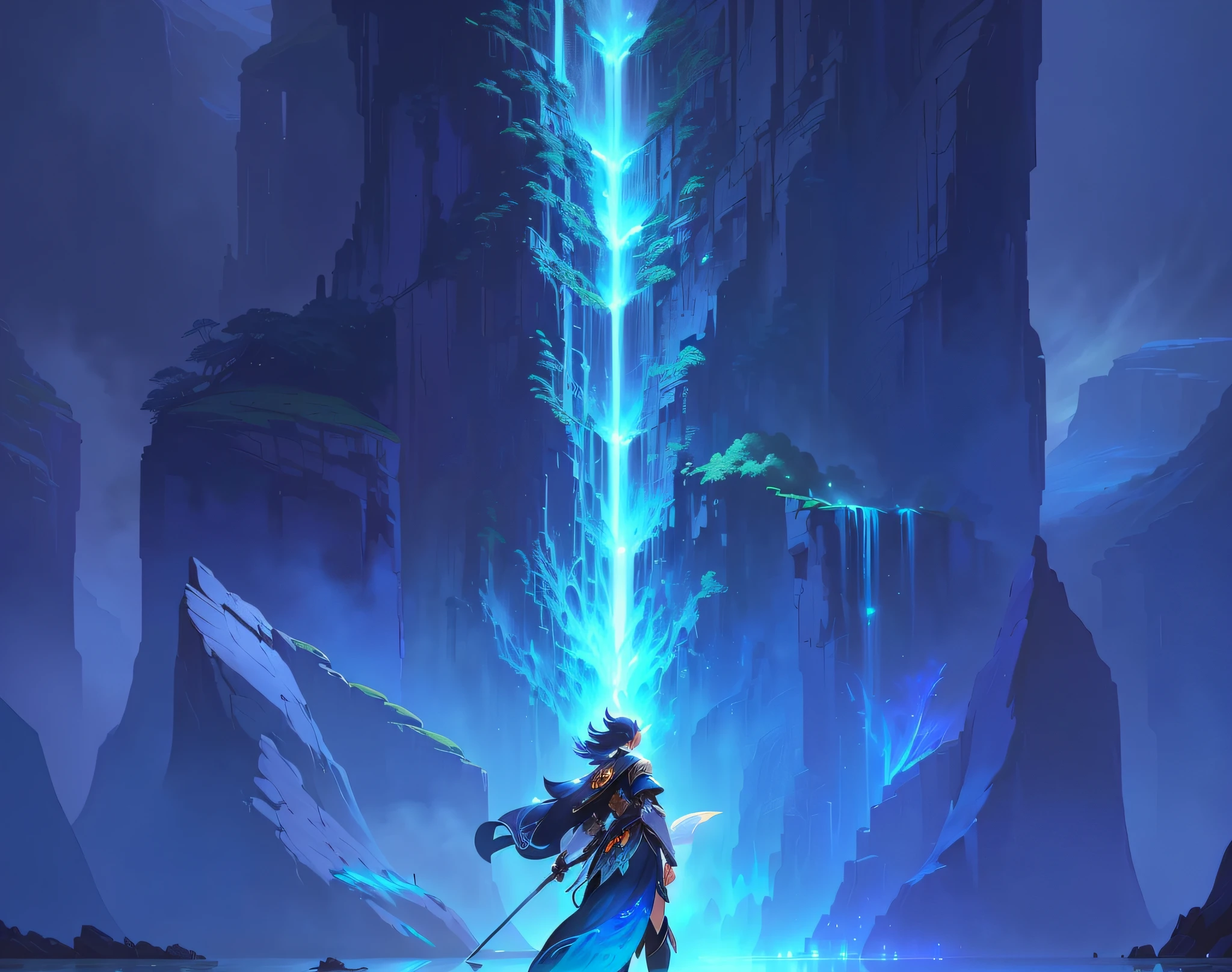 a close up of a person standing in front of a waterfall, style of duelyst, detailed digital 2d fantasy art, digital 2d fantasy art, anime epic artwork, onmyoji detailed art, makoto shinkai cyril rolando, 2. 5 d cgi anime fantasy artwork, magical fantasy 2 d concept art, concept art magical highlight