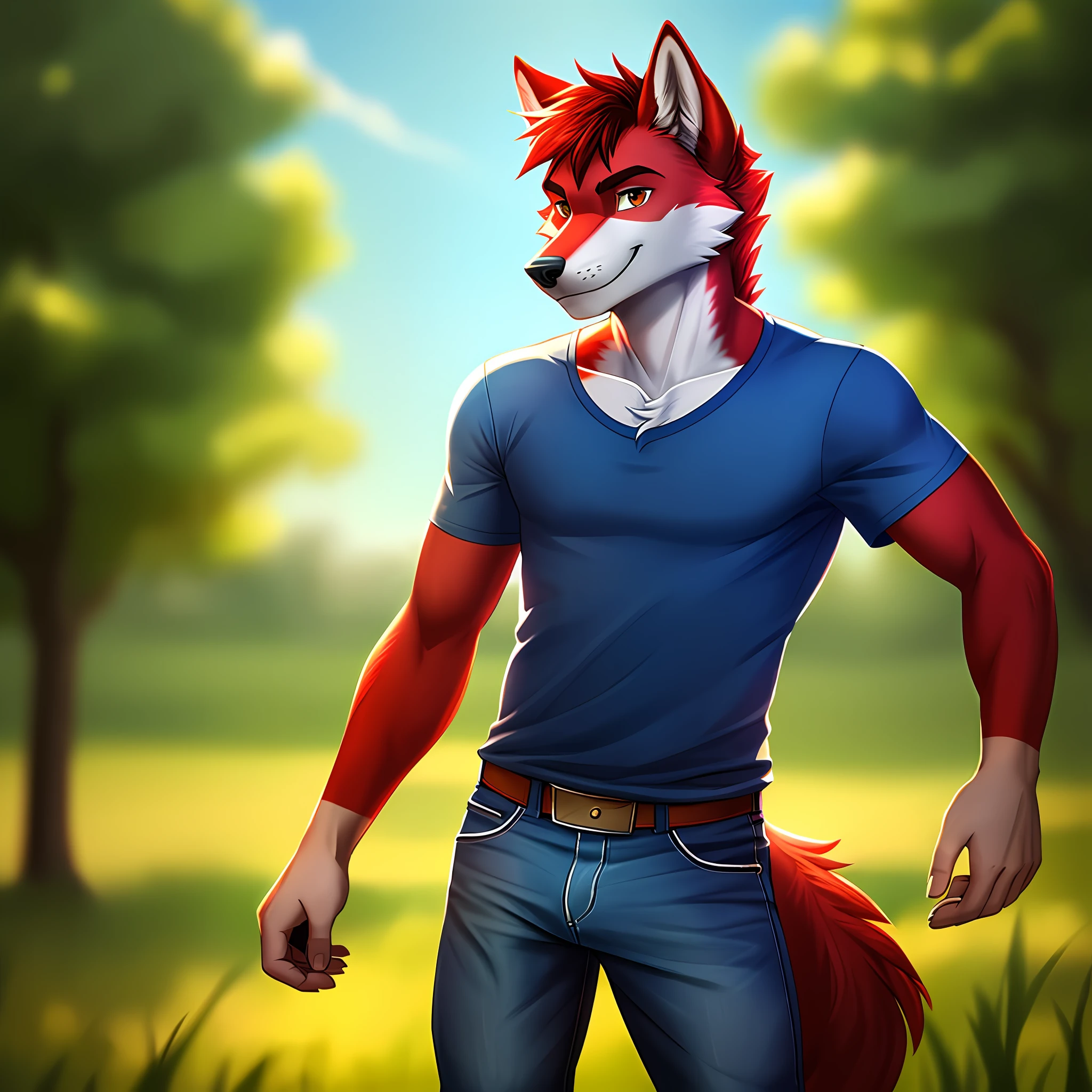 wolf with red fur, male, wearing a blue T-shirt and tight jeans, in the style of Peixonauta, soft lighting, great lighting, solo, not group, not double, small bulge, full body, smiling, in the field