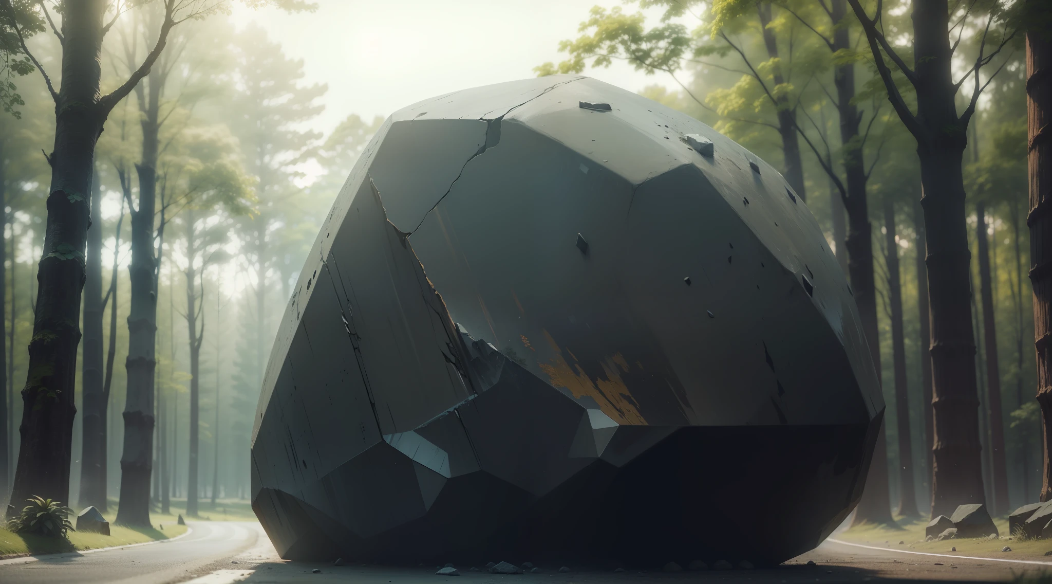 best quality, 500px, cgsociety, 8k, raw photo of (beautiful: 1.2), A giant stone on the road, forest, ambient light, backlight, volumetric lighting, realistic, realistic lighting, cinematic lighting, depth of field, sharp focus, (high contrast: 1.2), (film grain)
