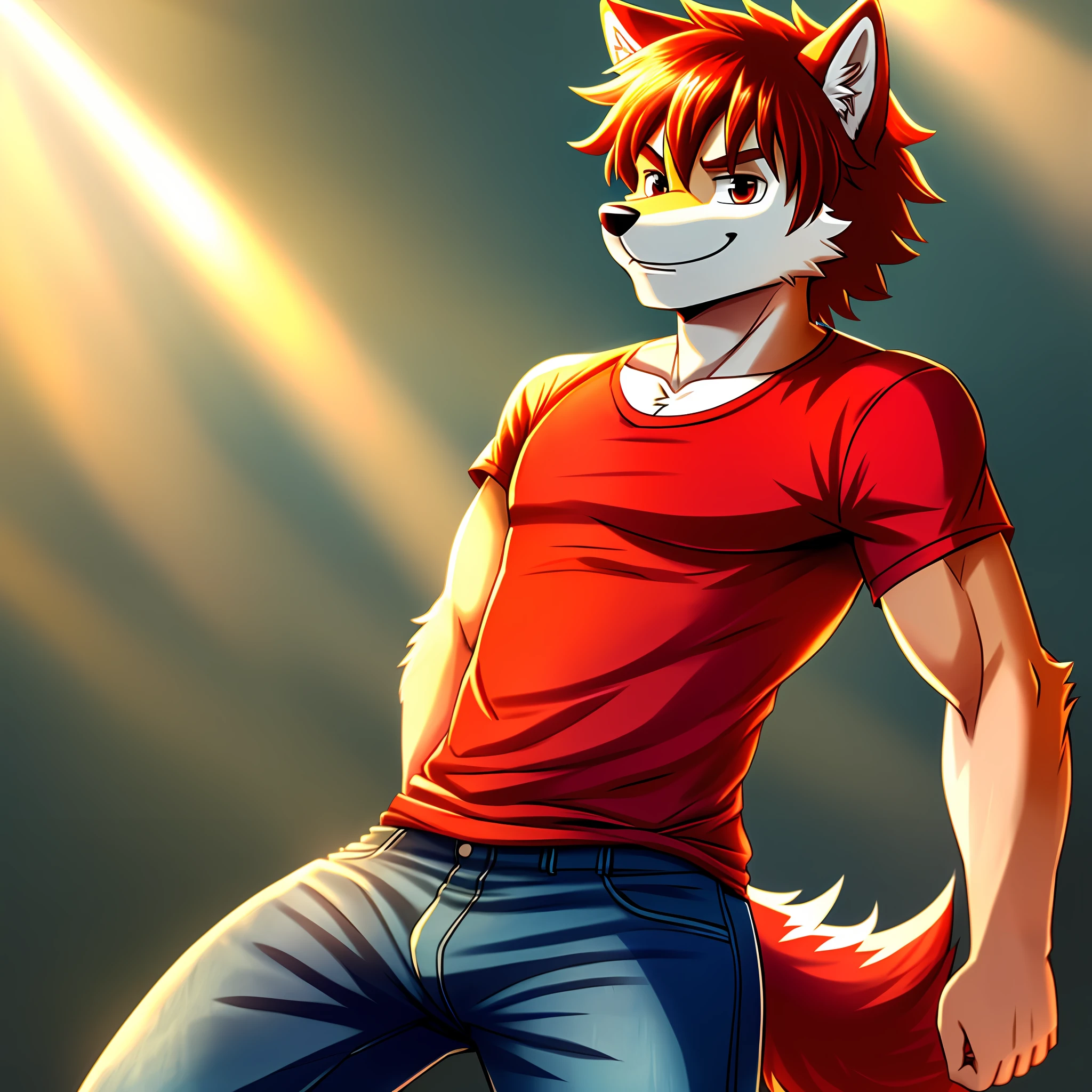 wolf with red fur, male, wearing a blue T-shirt and tight jeans, in the style of one piece, soft lighting, great lighting, solo, no group, not double, small bulge, full body, smiling, in the field
