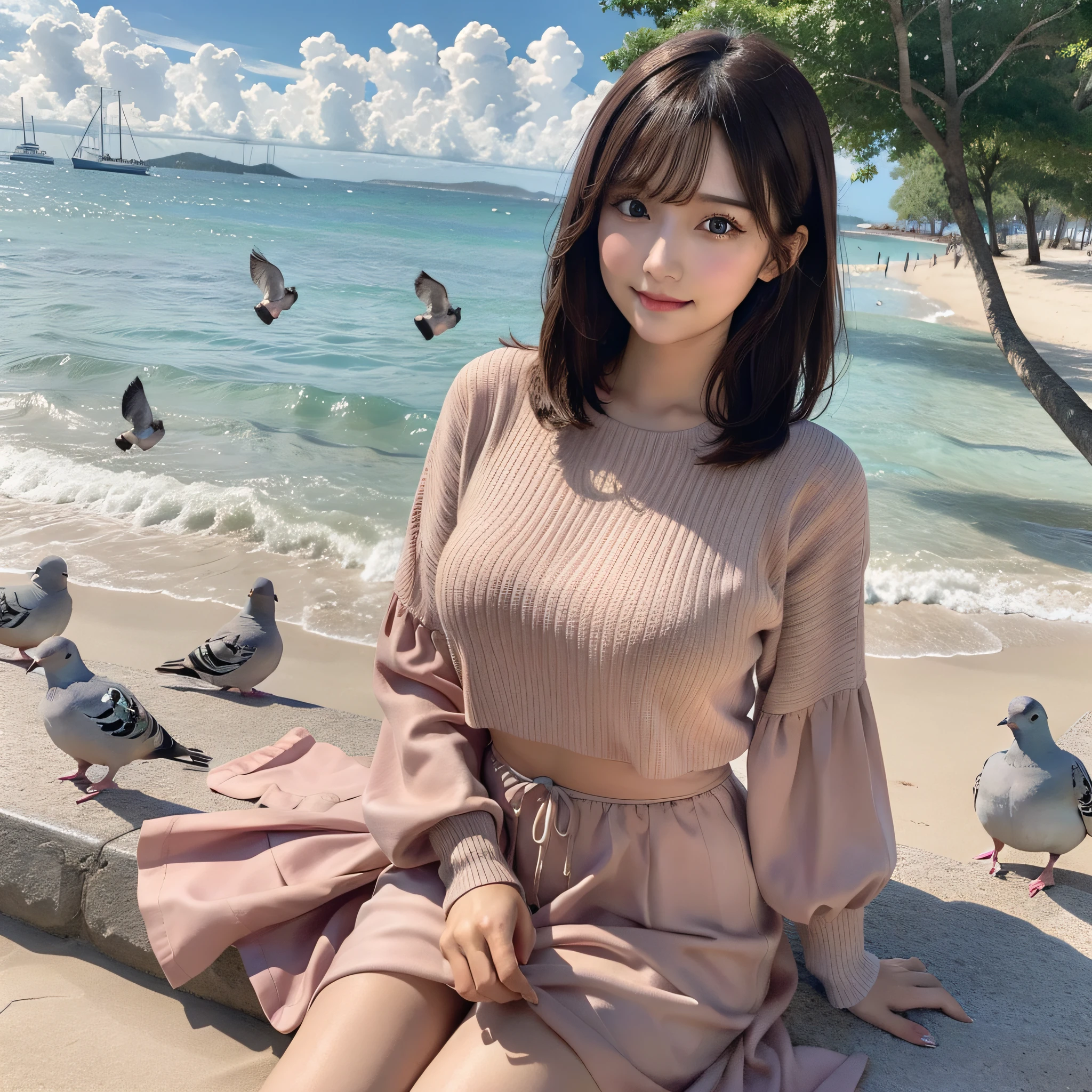 best quality, ultra high resolution, (photorealistic: 1.4), (detailed beautiful girl: 1.4), (medium breasts: 0.8), olhando_no_visualizador, detailed facial details, beautiful and detailed eyes, (brown hair), brown eyes, smile (makeup: 0.4), red lips, (full body, sitting, beach, high waves, ), very detailed clothes, (ulzzang-6500-v1. 1:0.3) \, fat pigeons, strong wind,