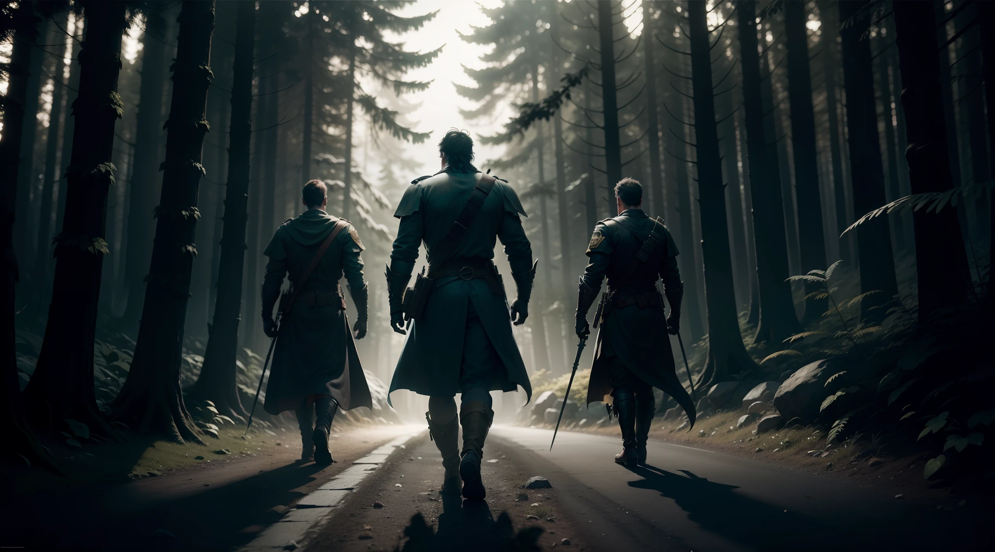 best quality, 500px, cgsociety, 8k, raw photo of (beautiful: 1.2), big stone on the roadten guards, ten real guards in the forest, n, road, full body path, ambient light, backlight, volumetric lighting, realistic, realistic lighting, cinematic lighting, depth of field, sharp focus, (high contrast: 1.2), (film grain), standing