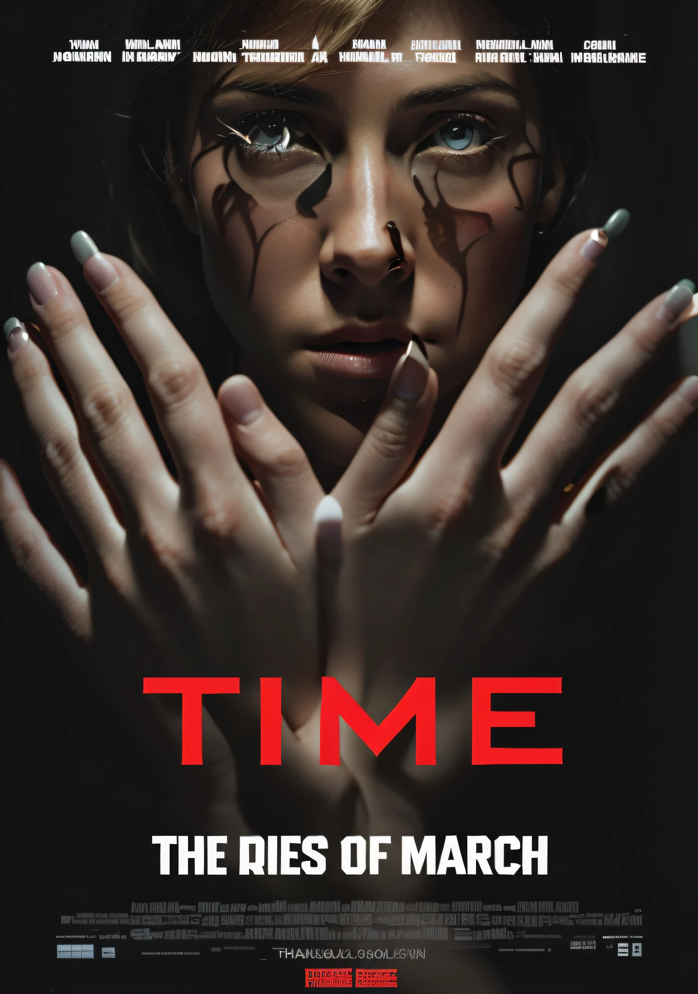 A poster of a woman with hands on her face, times, this time, time magazine 2 0 2 2, watch out for the IDES in March, time is running out, time magazine cover, on the cover of time magazine, time magazine cover, time magazine, time magazine, how beautiful, timeless disturbing masterpiece, 1990s horror book cover, very handsome, Ryan Gosling, movie cover art headshot