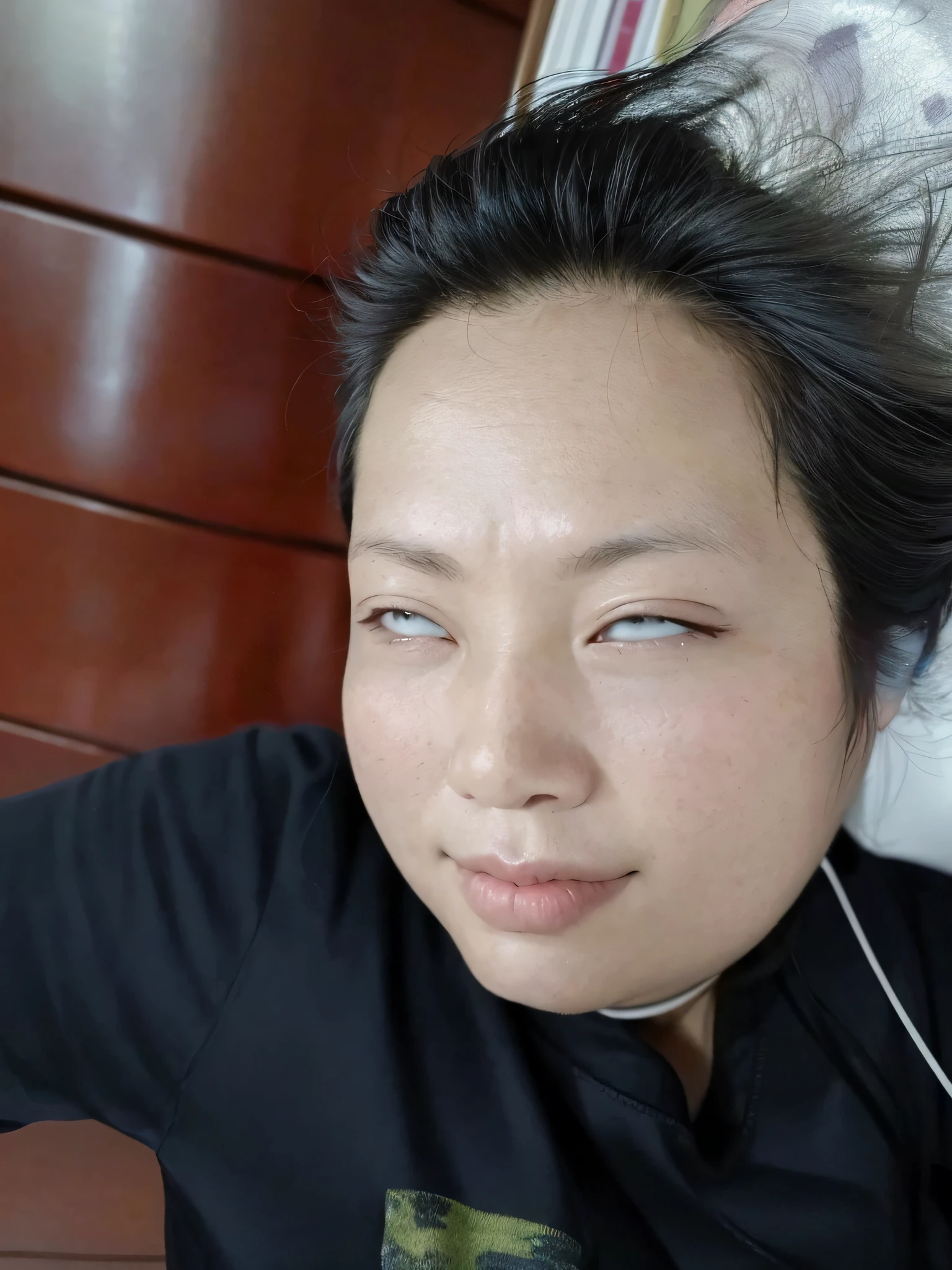 there is a woman with headphones on sitting on a bed, 38 years old, 3 2 - year - old, tired face, 3 6 years old, without makeup, 30 years old woman, 3 0 years old woman, 3 2 years old, 2 8 years old, no spot over right eye, she has tired eyes, 3 8 - year - old