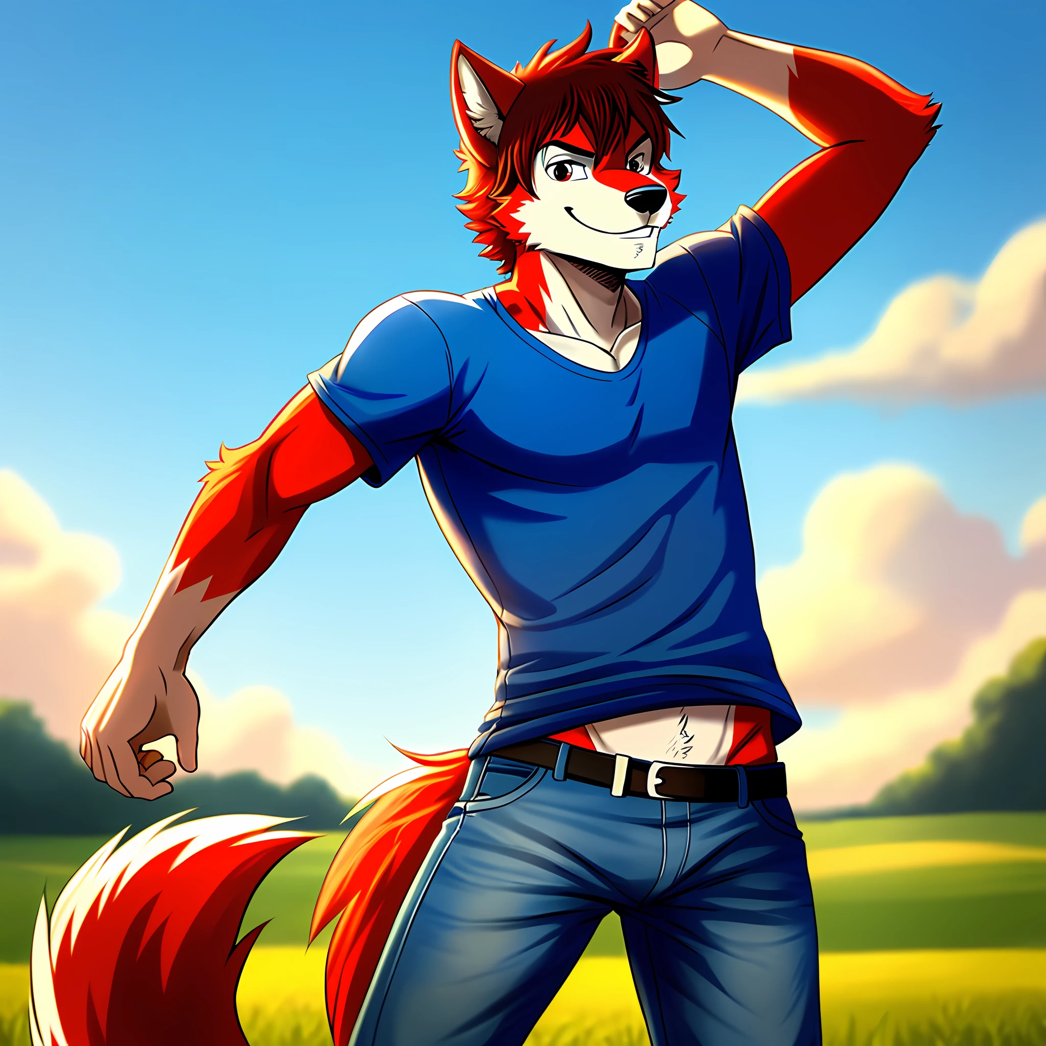 wolf with red fur, male, wearing a blue T-shirt and tight jeans, in the style of one piece, soft lighting, great lighting, solo, no group, not double, small bulge, full body, smiling, in the field
