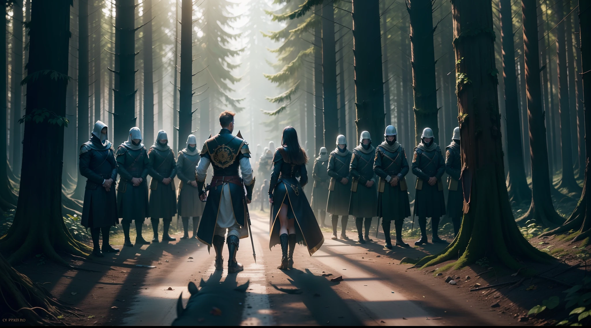 best quality, 500px, cgsociety, 8k, raw photo of (beautiful: 1.2), ten guards, ten real guards in the forest, n, road, full body path, ambient light, backlight, volumetric lighting, realistic, realistic lighting, cinematic lighting, depth of field, sharp focus, (high contrast: 1.2), (film grain), standing