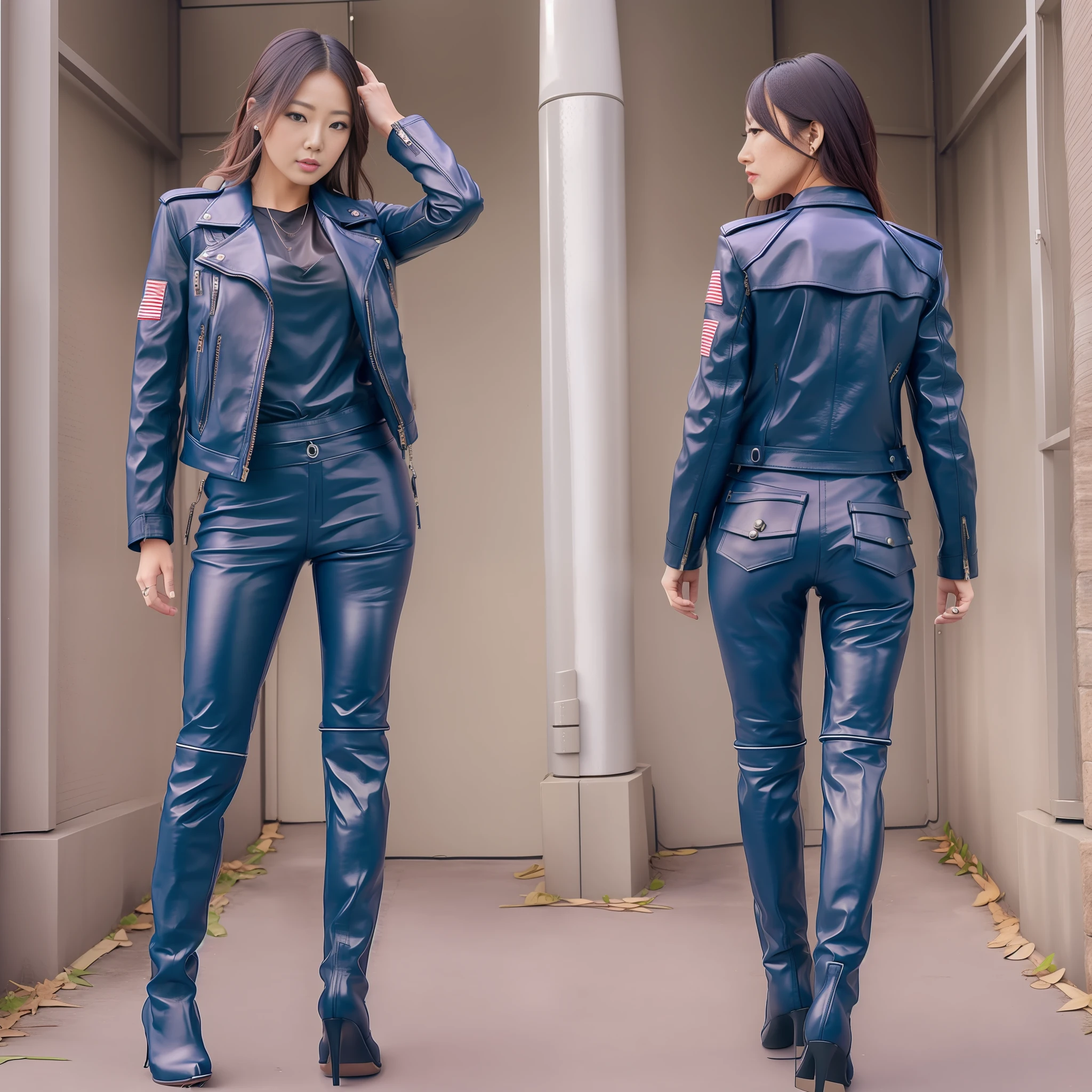 Japan Woman Full Body Blue Riders Jacket Leather Pants Leather Boots Tall Big Tits