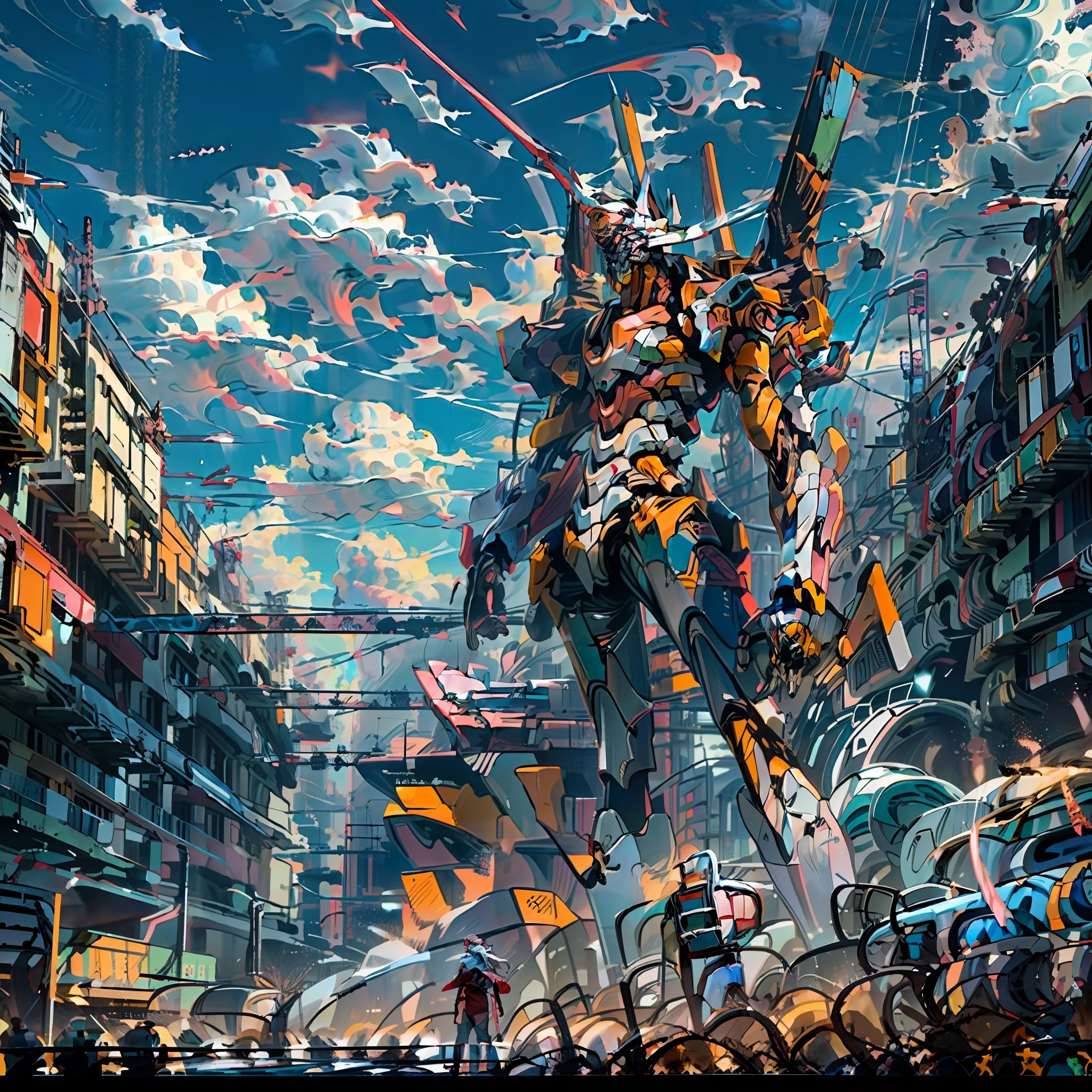 sky, clouds, holding_weapon, no_humans, 1machine, camera gaze, full body, android, EVANGELION, giant robot, (holding a giant Japan sword: 1.3), Japan Tokyo, third person new tokyo city, traditional building, (Japan building), urban, reality,