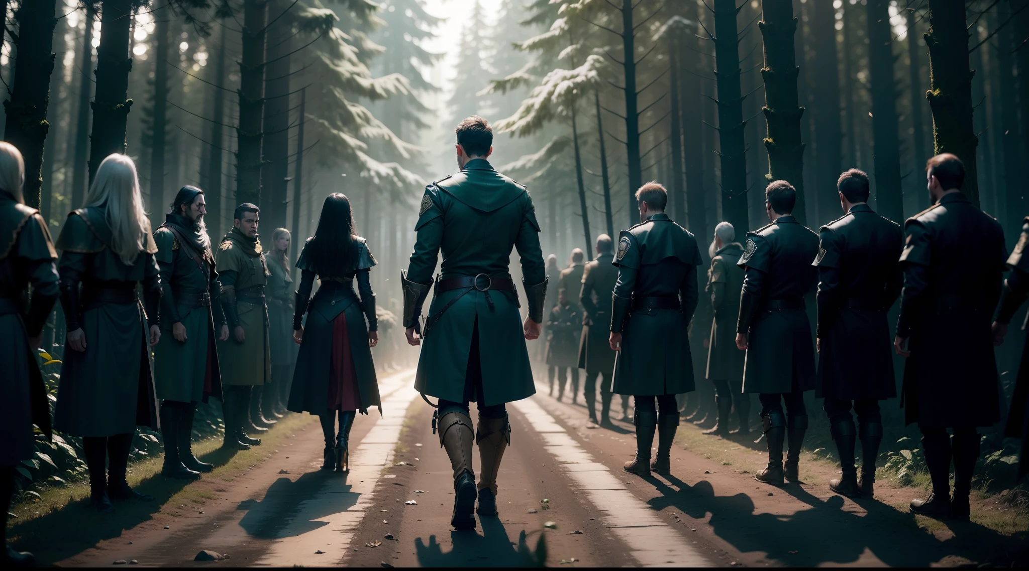 best quality, 500px, cgsociety, 8k, raw photo of (beautiful: 1.2), ten guards, ten real guards in the forest, n, road, full body path, ambient light, backlight, volumetric lighting, realistic, realistic lighting, cinematic lighting, depth of field, sharp focus, (high contrast: 1.2), (film grain), standing